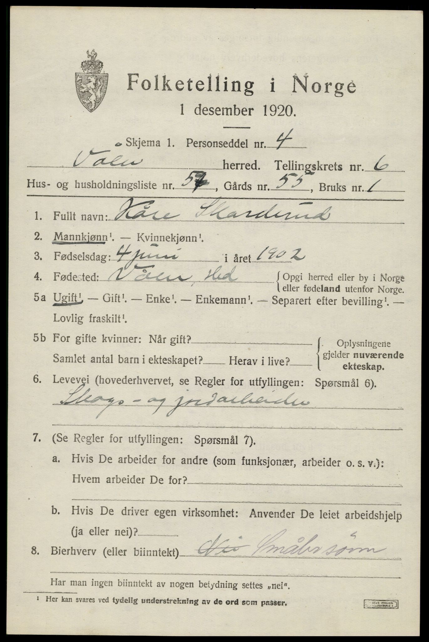 SAH, 1920 census for Våler (Hedmark), 1920, p. 7403