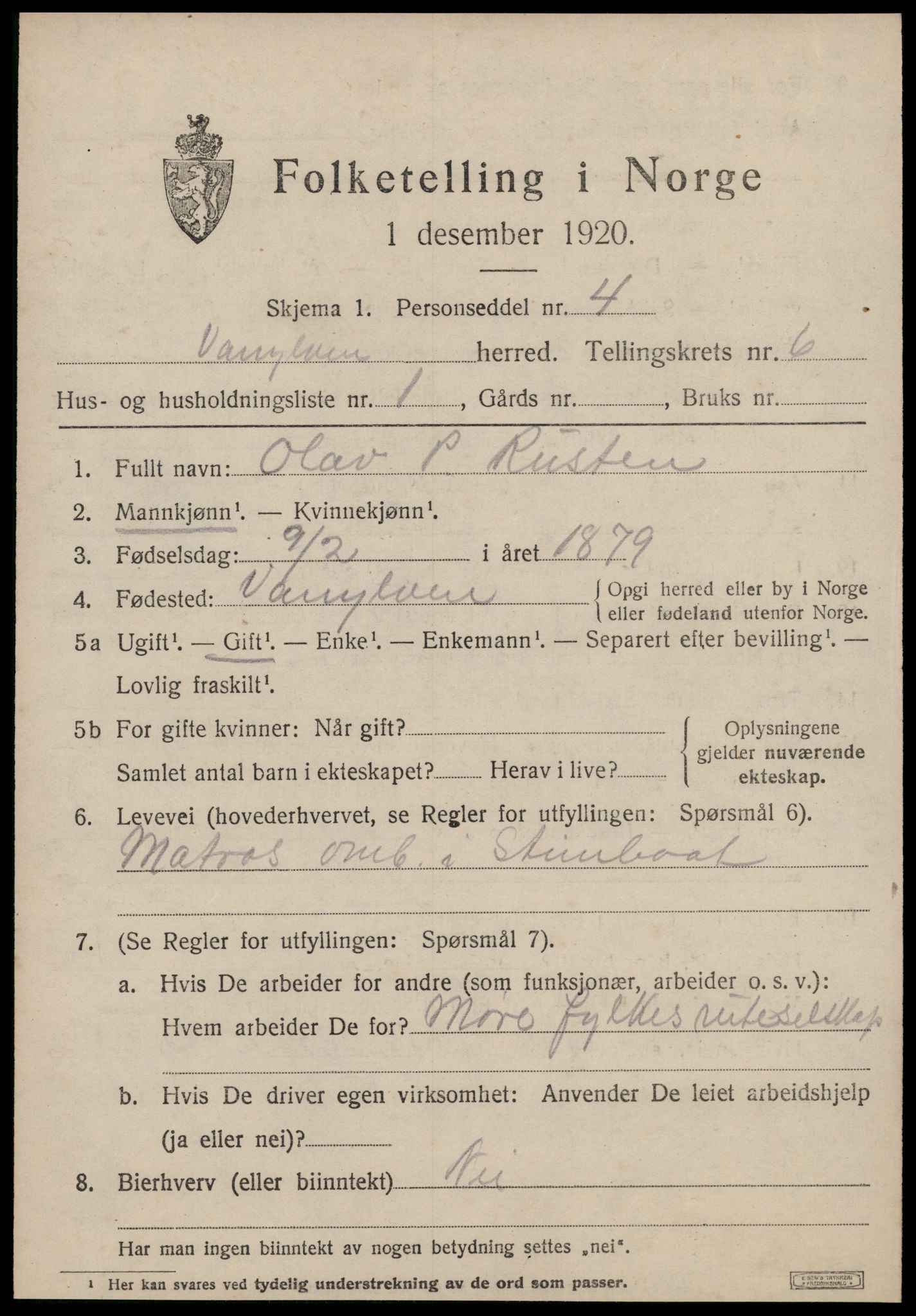 SAT, 1920 census for Vanylven, 1920, p. 3279