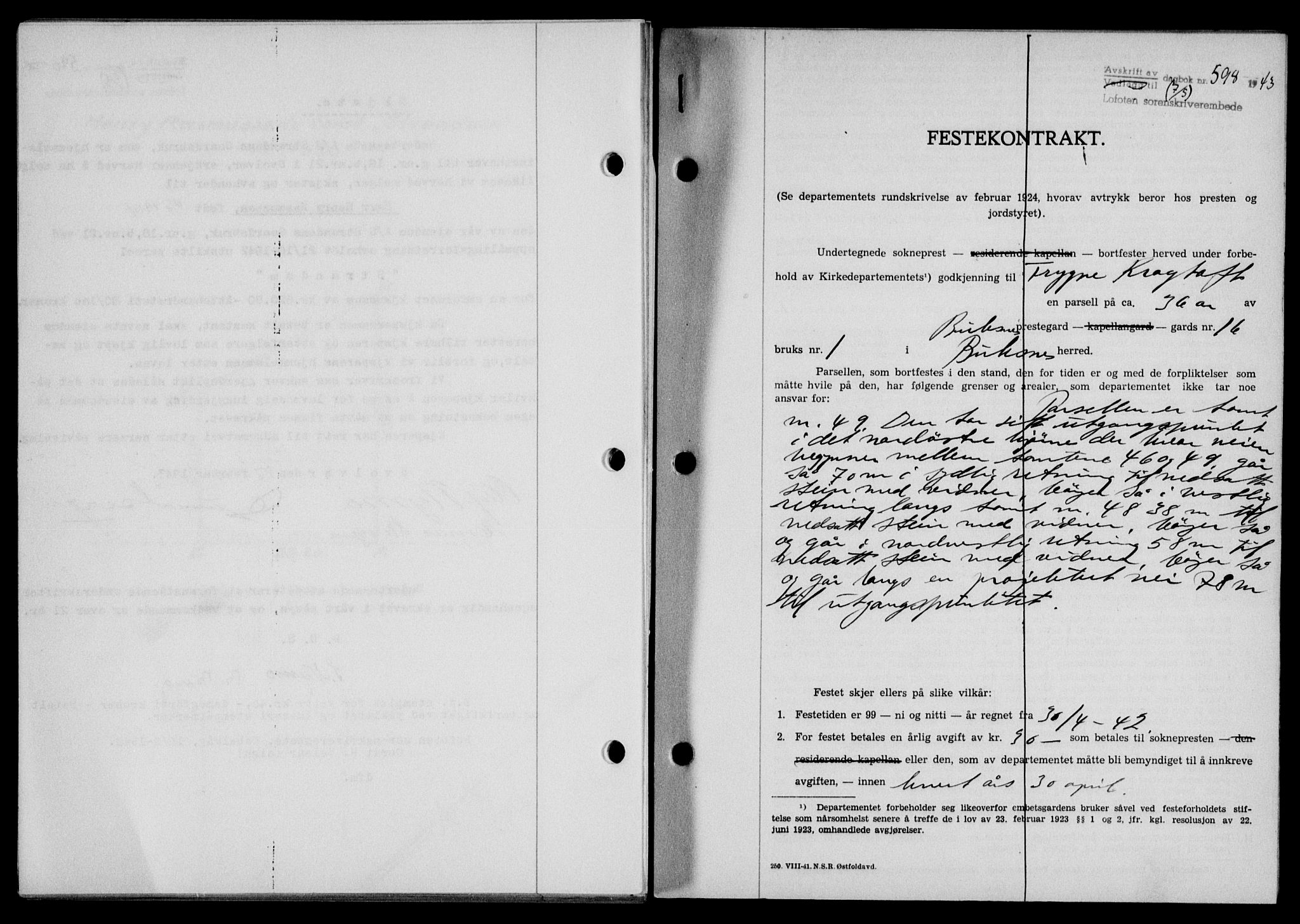 Lofoten sorenskriveri, SAT/A-0017/1/2/2C/L0011a: Mortgage book no. 11a, 1943-1943, Diary no: : 598/1943