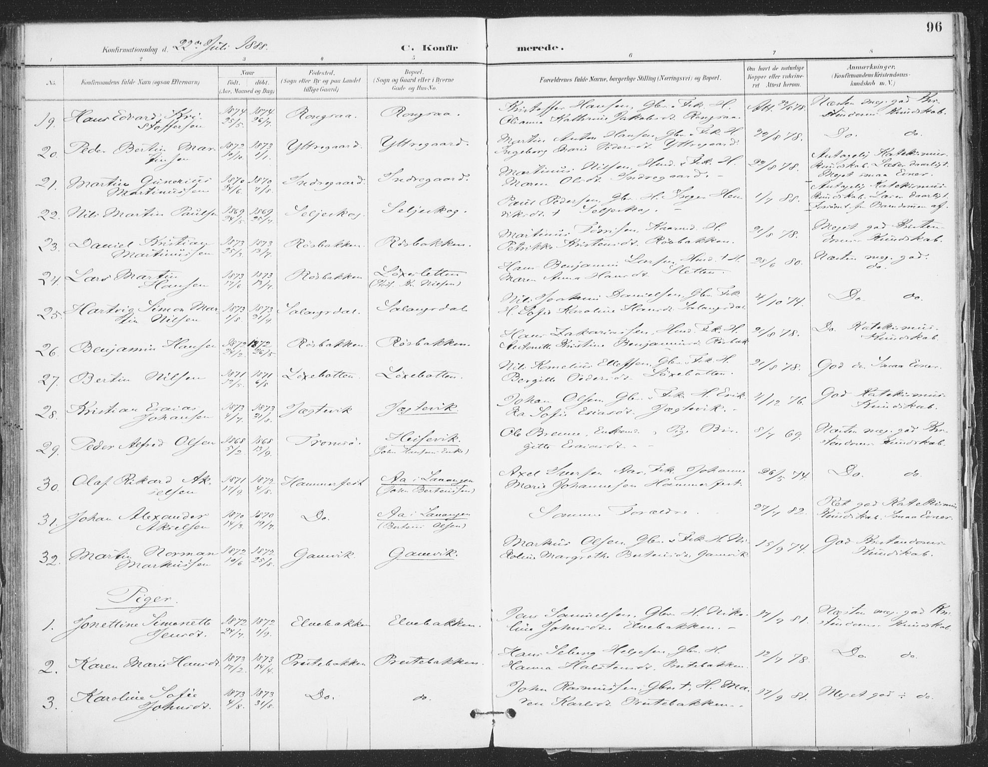 Ibestad sokneprestembete, AV/SATØ-S-0077/H/Ha/Haa/L0015kirke: Parish register (official) no. 15, 1888-1899, p. 96