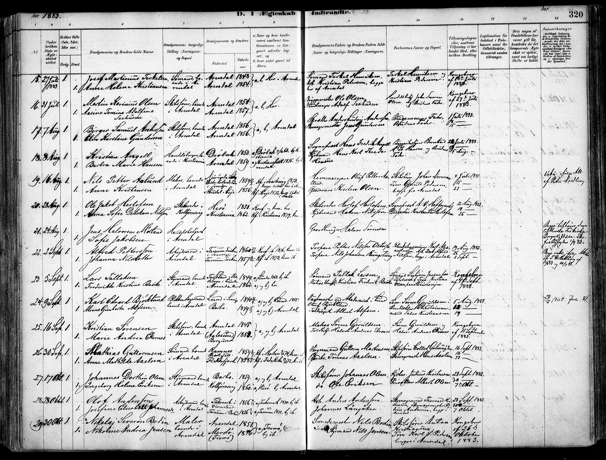 Arendal sokneprestkontor, Trefoldighet, SAK/1111-0040/F/Fa/L0008: Parish register (official) no. A 8, 1878-1899, p. 320