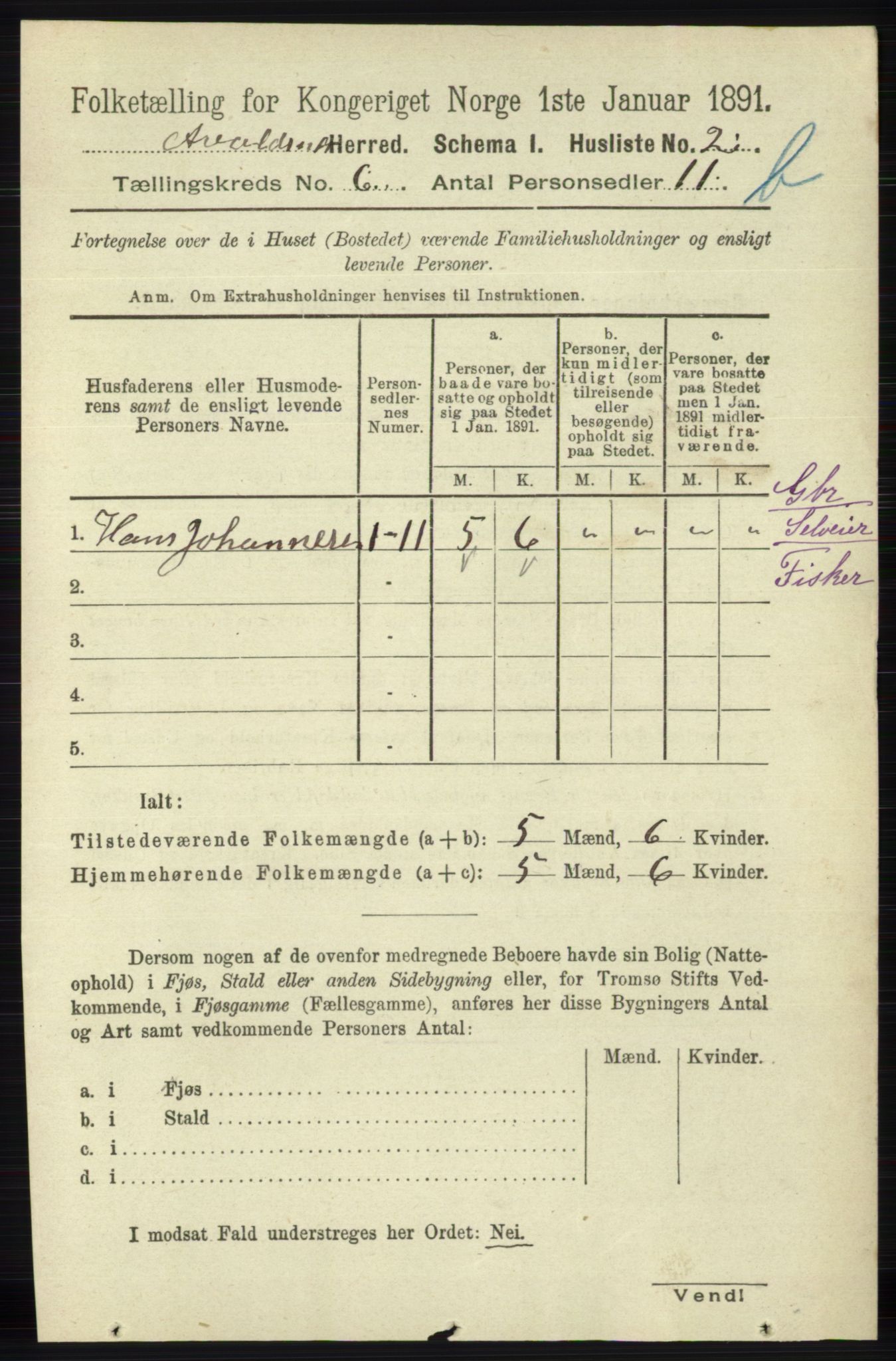 RA, 1891 census for 1147 Avaldsnes, 1891, p. 3170