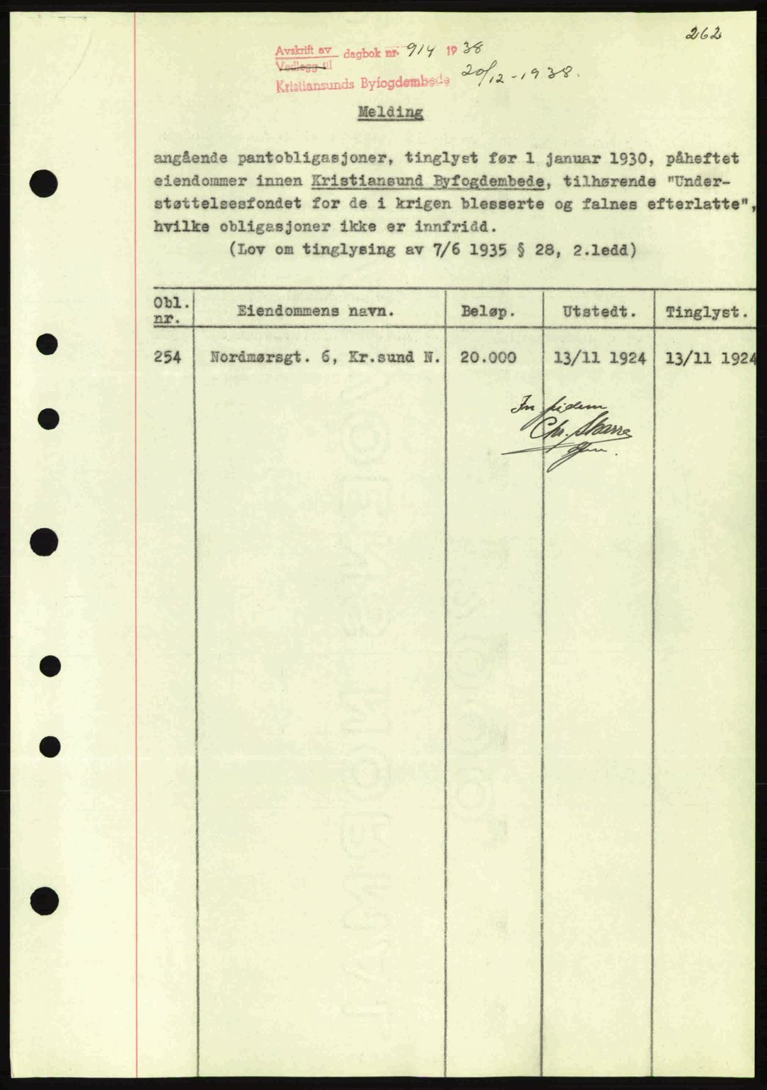 Kristiansund byfogd, SAT/A-4587/A/27: Mortgage book no. 31, 1938-1939, Diary no: : 914/1938