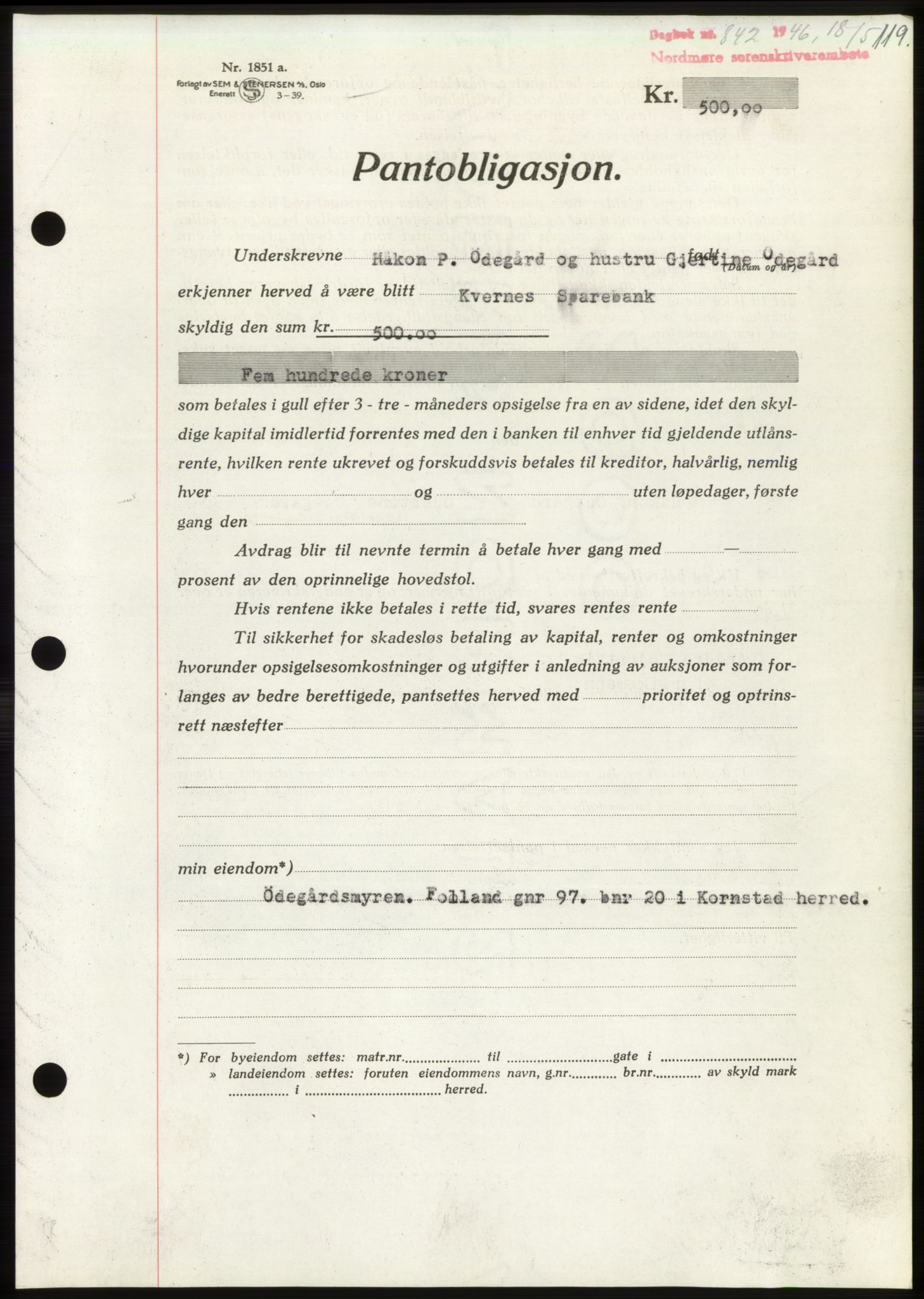 Nordmøre sorenskriveri, AV/SAT-A-4132/1/2/2Ca: Mortgage book no. B94, 1946-1946, Diary no: : 842/1946