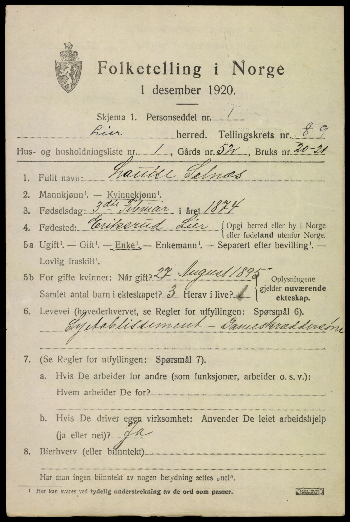 SAKO, 1920 census for Lier, 1920, p. 14800