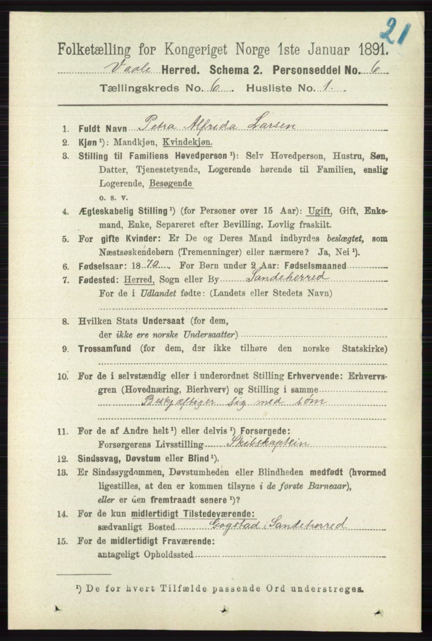 RA, 1891 census for 0716 Våle, 1891, p. 1785