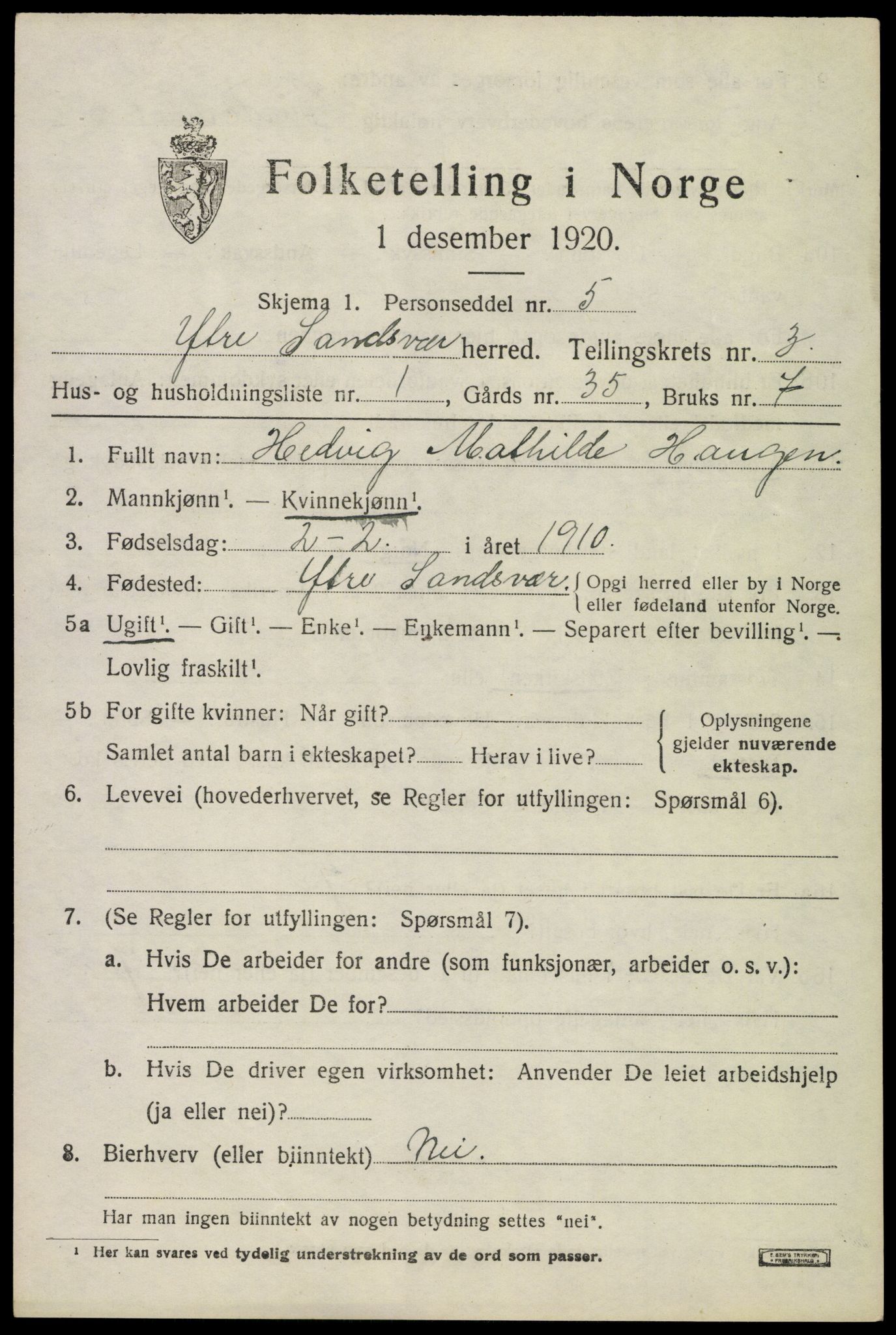 SAKO, 1920 census for Ytre Sandsvær, 1920, p. 3700