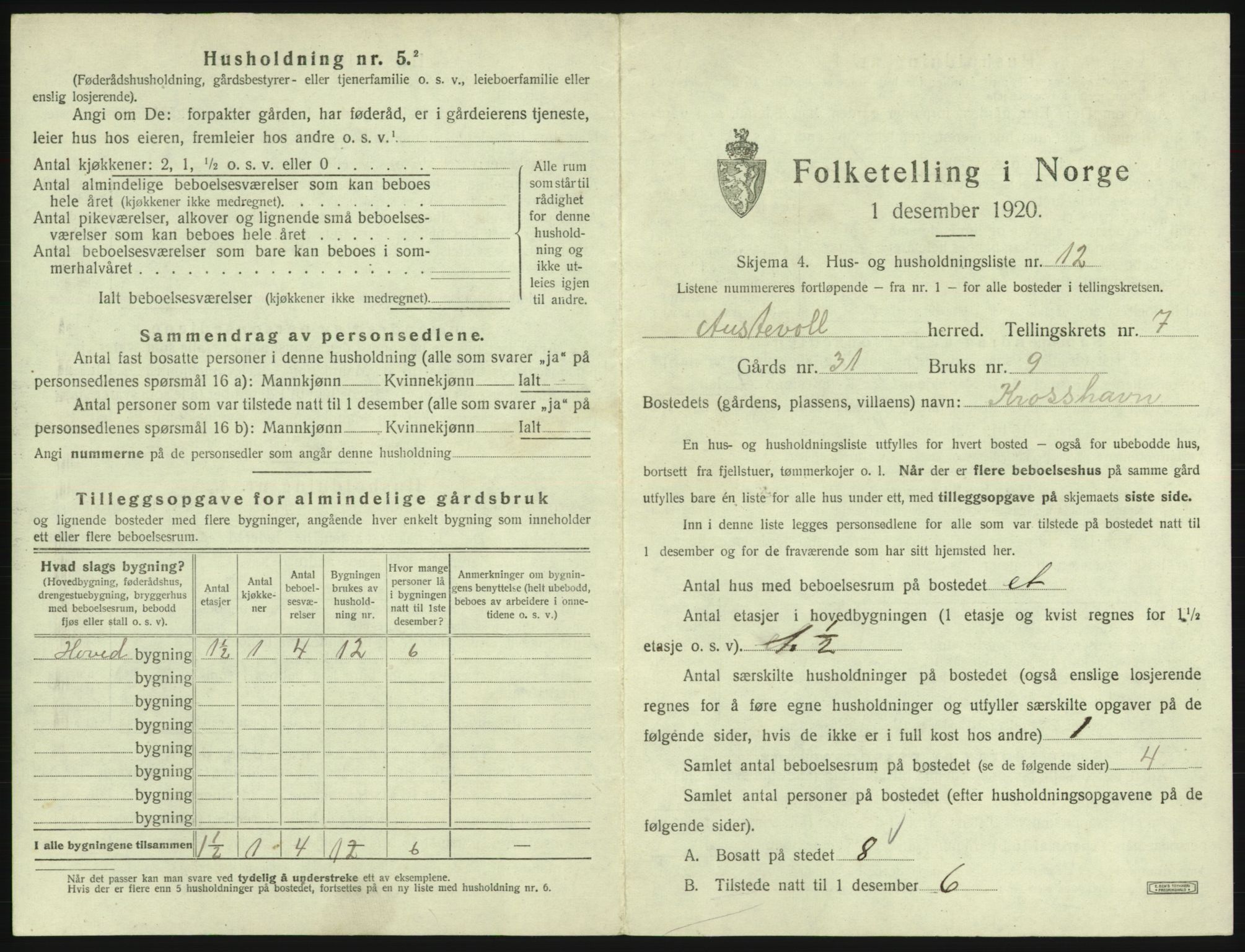 SAB, 1920 census for Austevoll, 1920, p. 475