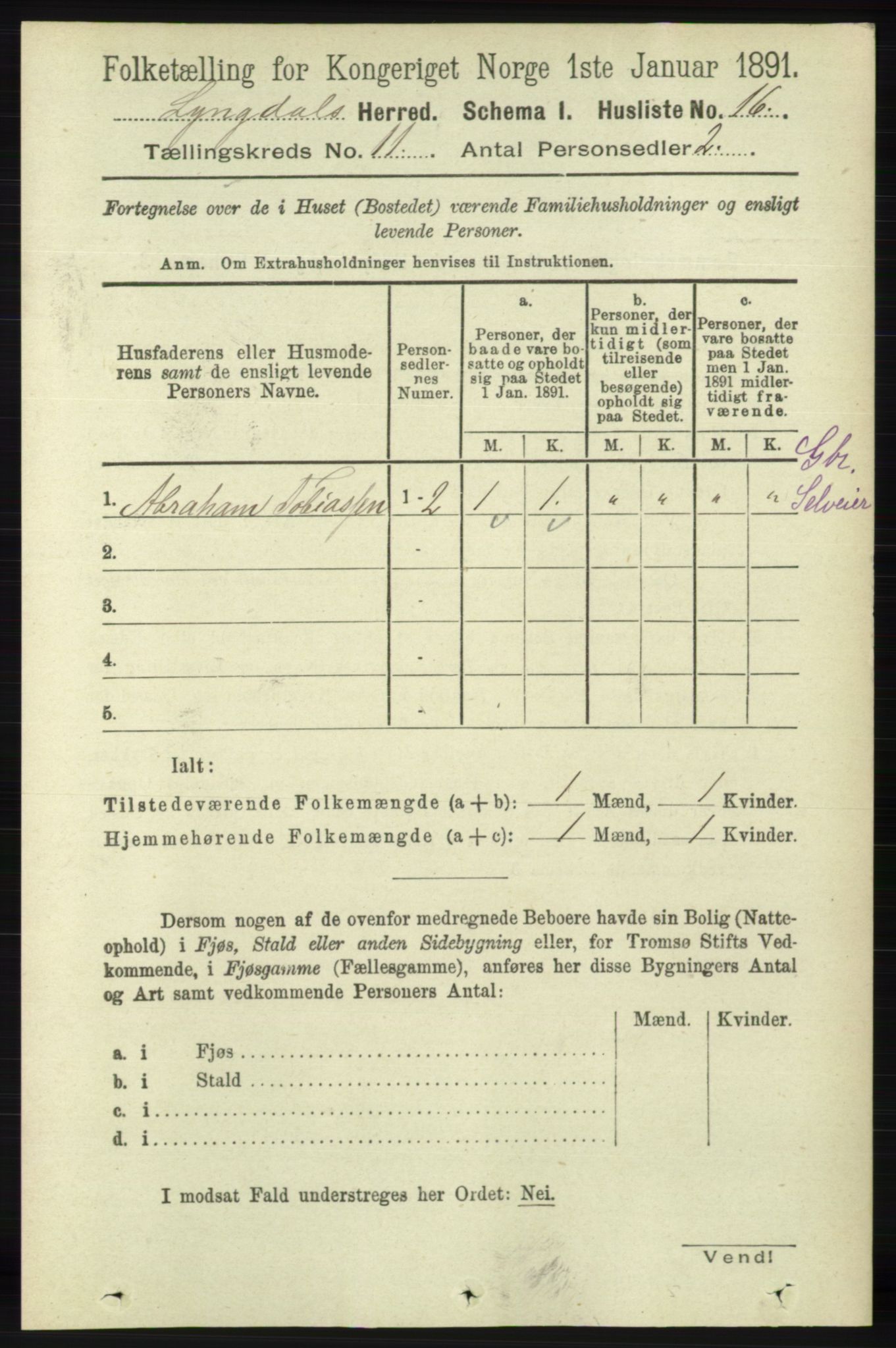 RA, 1891 census for 1032 Lyngdal, 1891, p. 4748