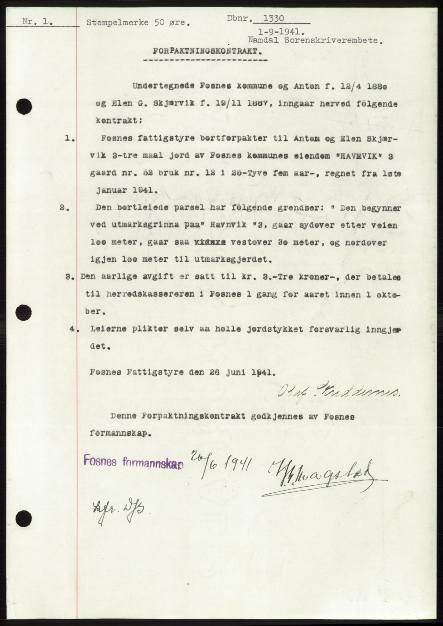 Namdal sorenskriveri, SAT/A-4133/1/2/2C: Mortgage book no. -, 1941-1942, Diary no: : 1330/1941