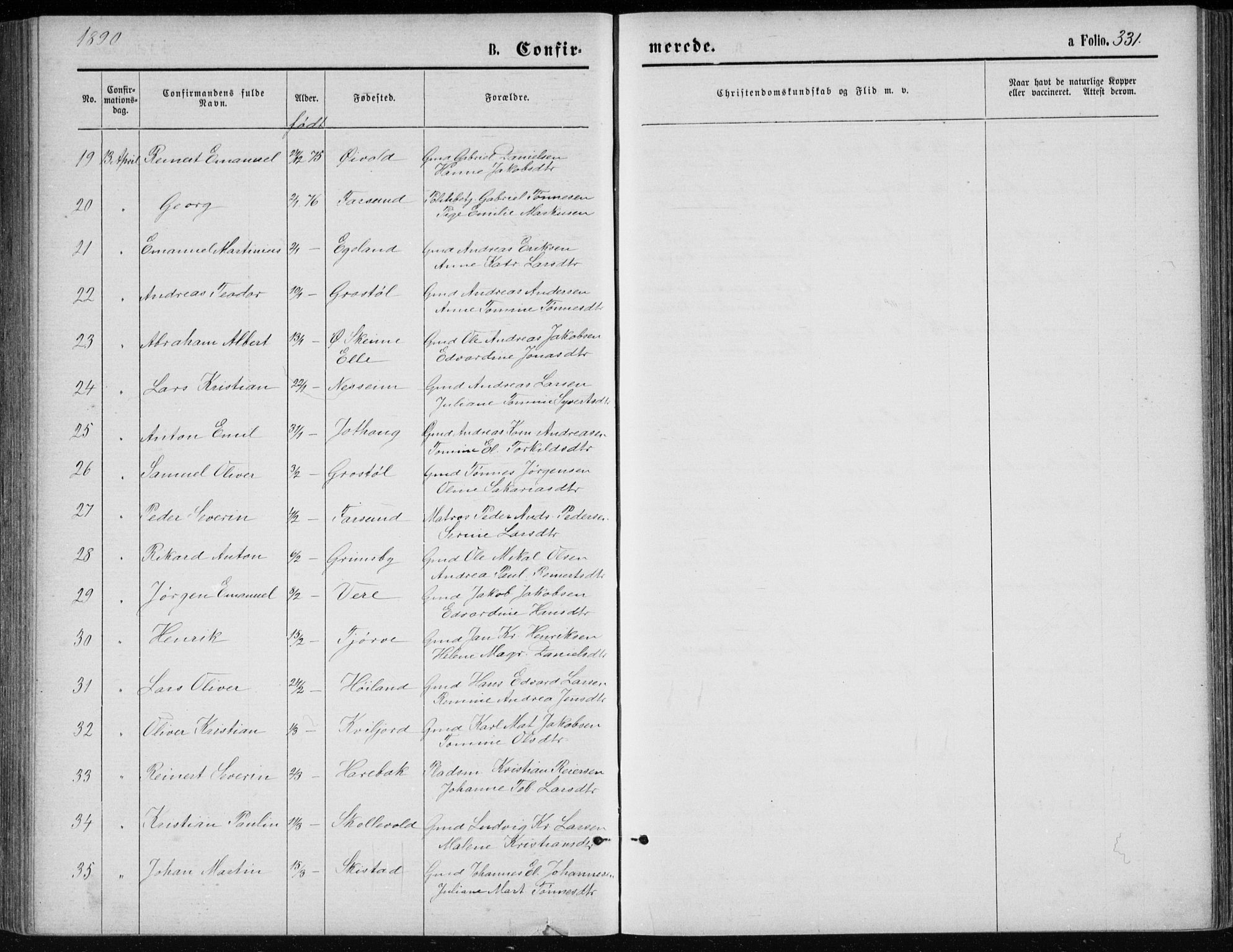 Lista sokneprestkontor, AV/SAK-1111-0027/F/Fb/L0004: Parish register (copy) no. B 4, 1877-1891, p. 331