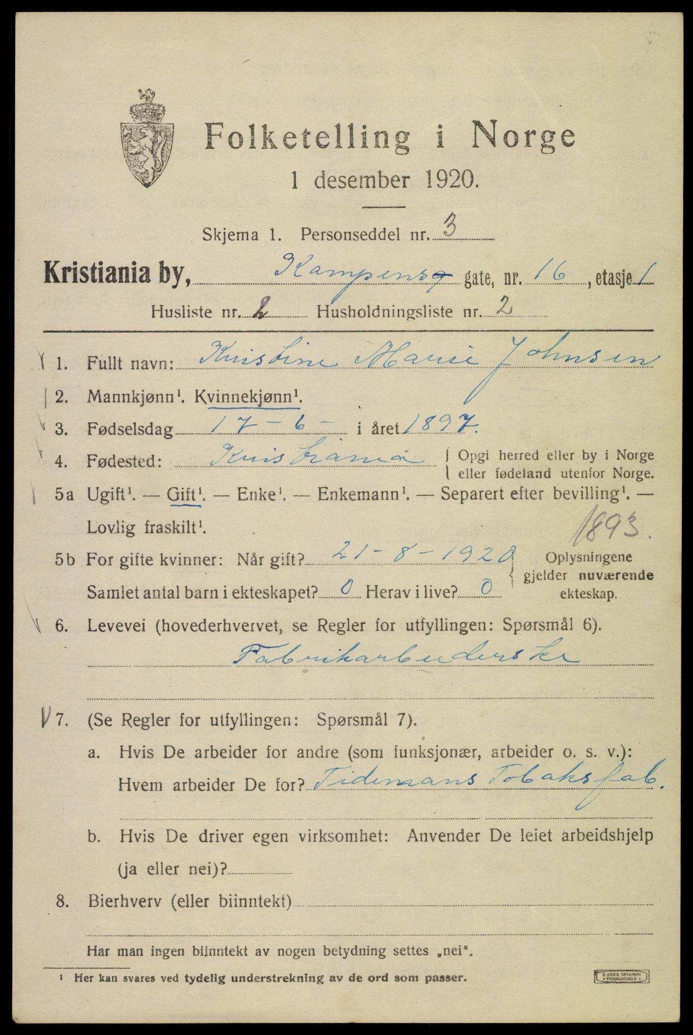 SAO, 1920 census for Kristiania, 1920, p. 326003