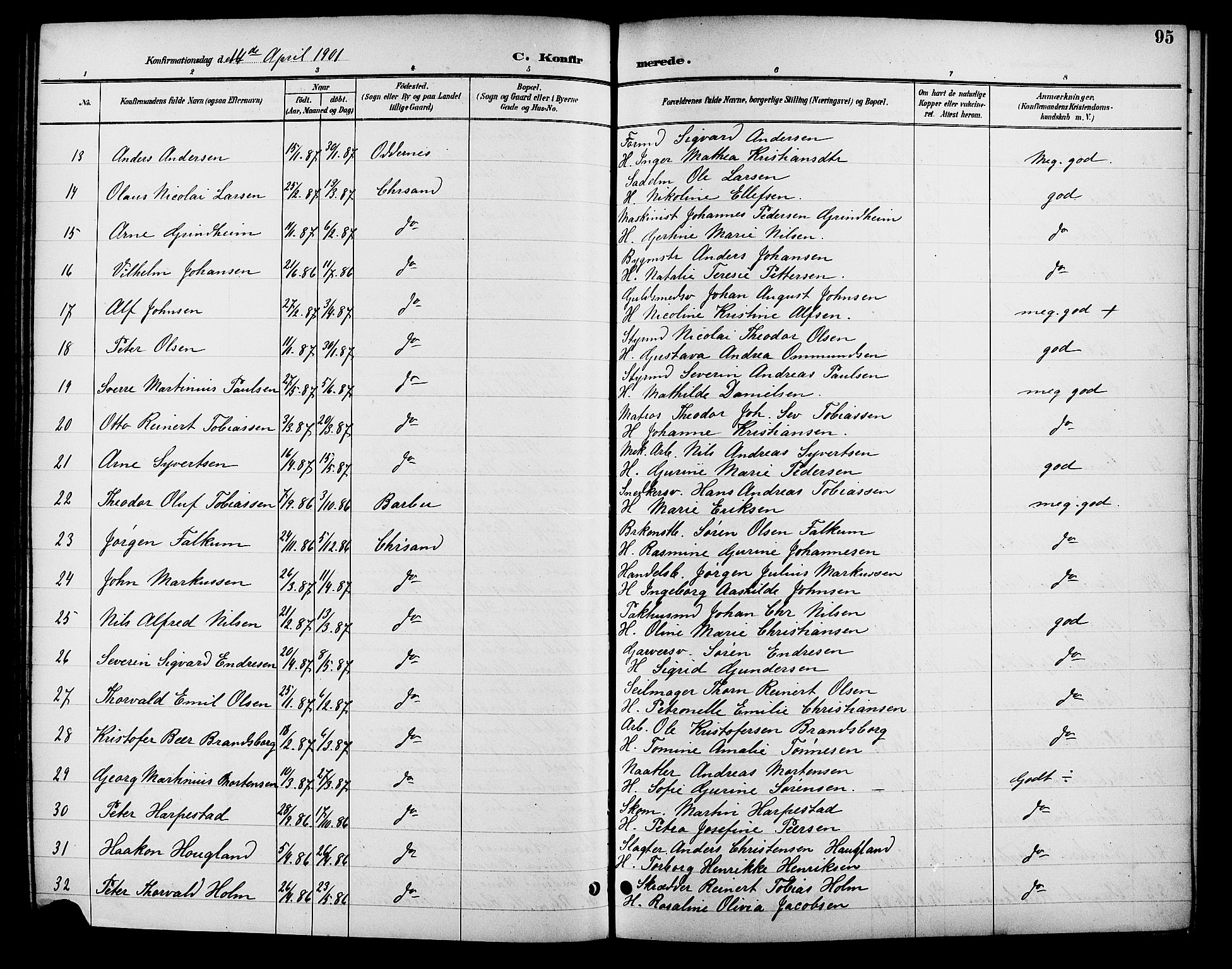 Kristiansand domprosti, SAK/1112-0006/F/Fb/L0017: Parish register (copy) no. B 17, 1893-1906, p. 95