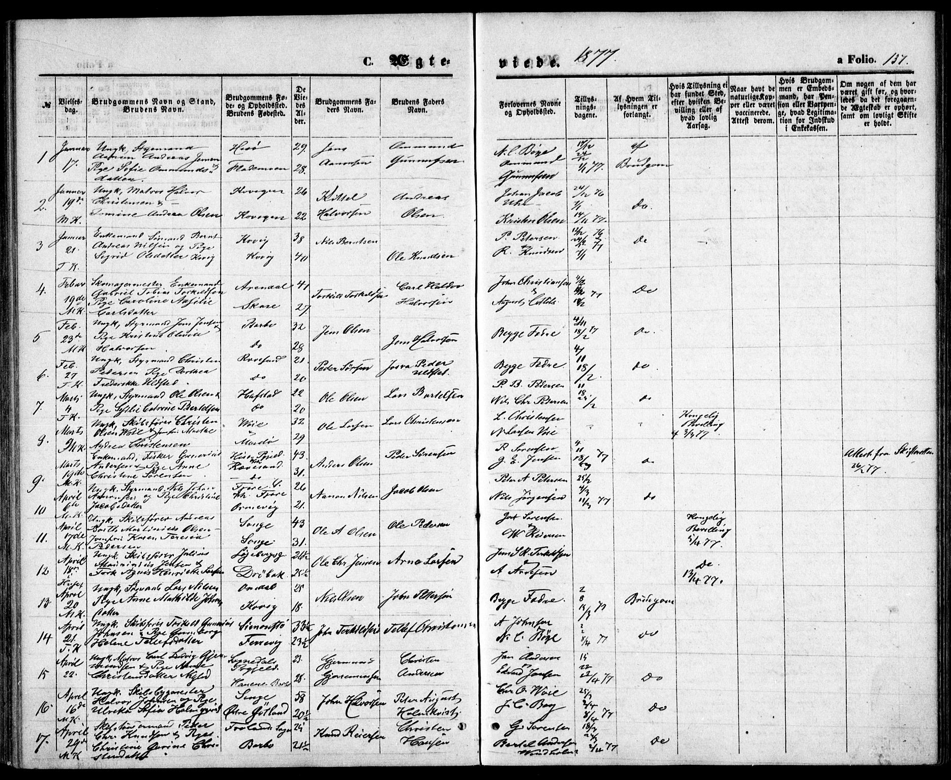 Tromøy sokneprestkontor, SAK/1111-0041/F/Fb/L0004: Parish register (copy) no. B 4, 1869-1877, p. 137