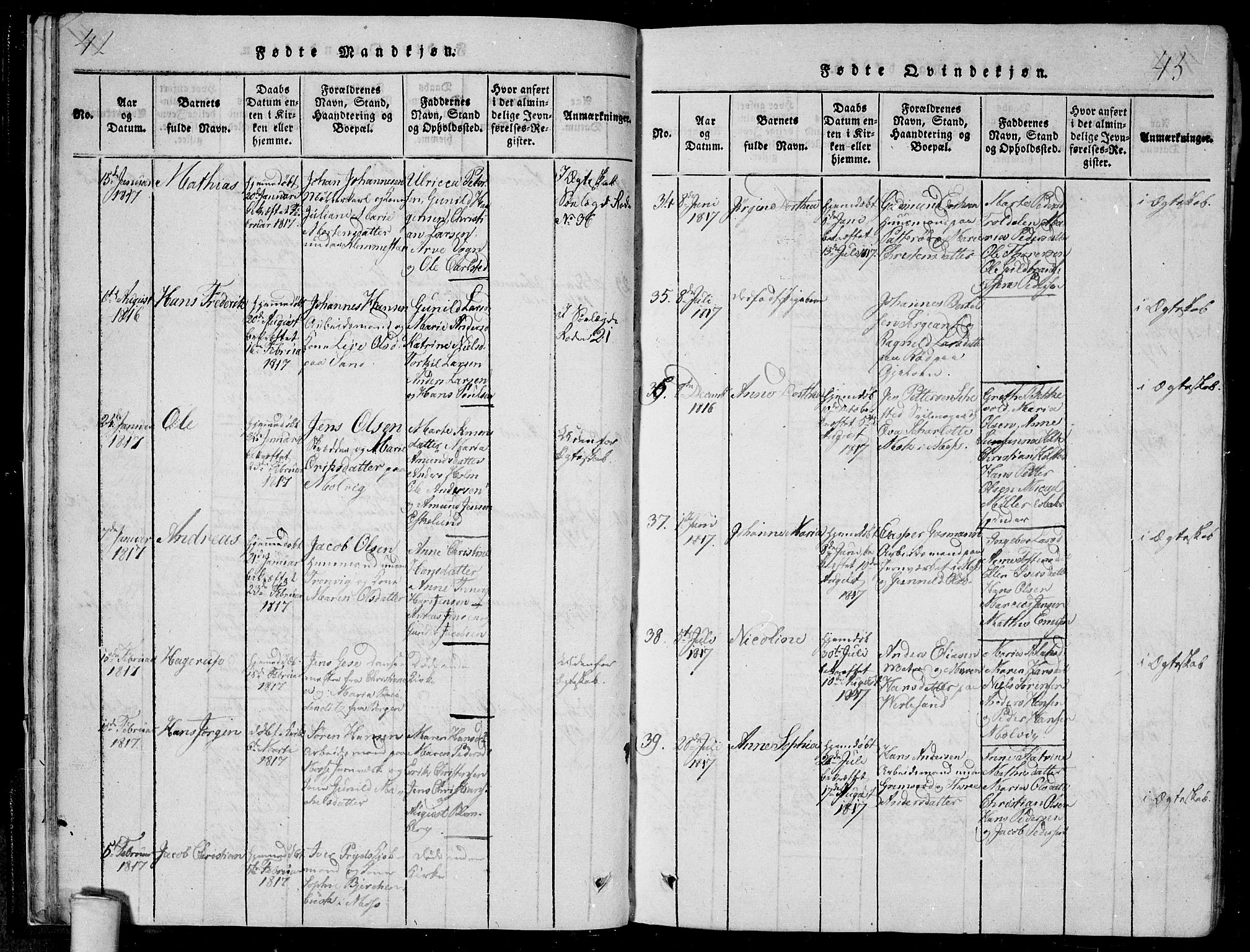 Moss prestekontor Kirkebøker, SAO/A-2003/F/Fa/L0005: Parish register (official) no. I 5, 1814-1828, p. 42-43