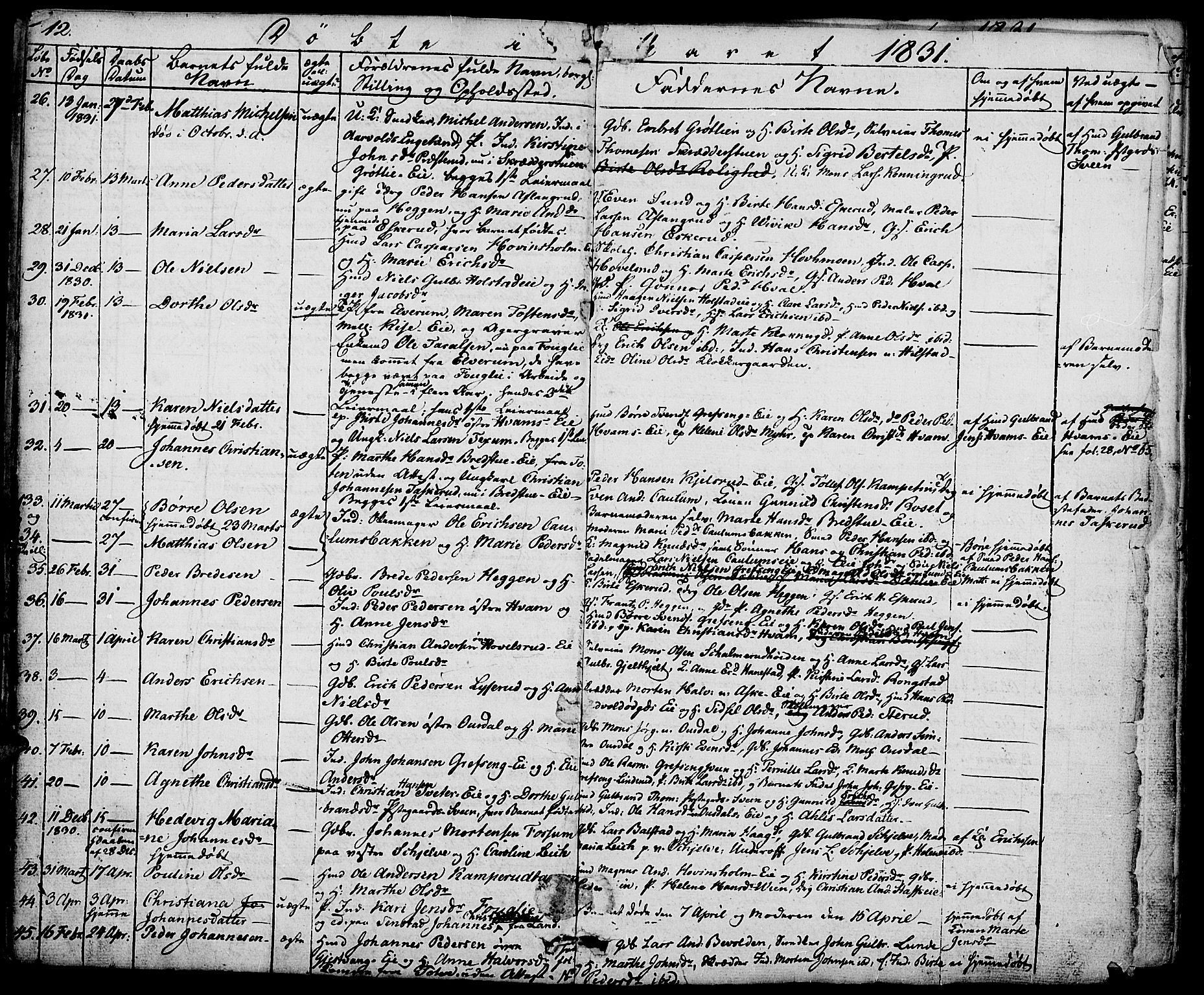 Nes prestekontor, Hedmark, AV/SAH-PREST-020/K/Ka/L0003: Parish register (official) no. 3, 1827-1851, p. 12