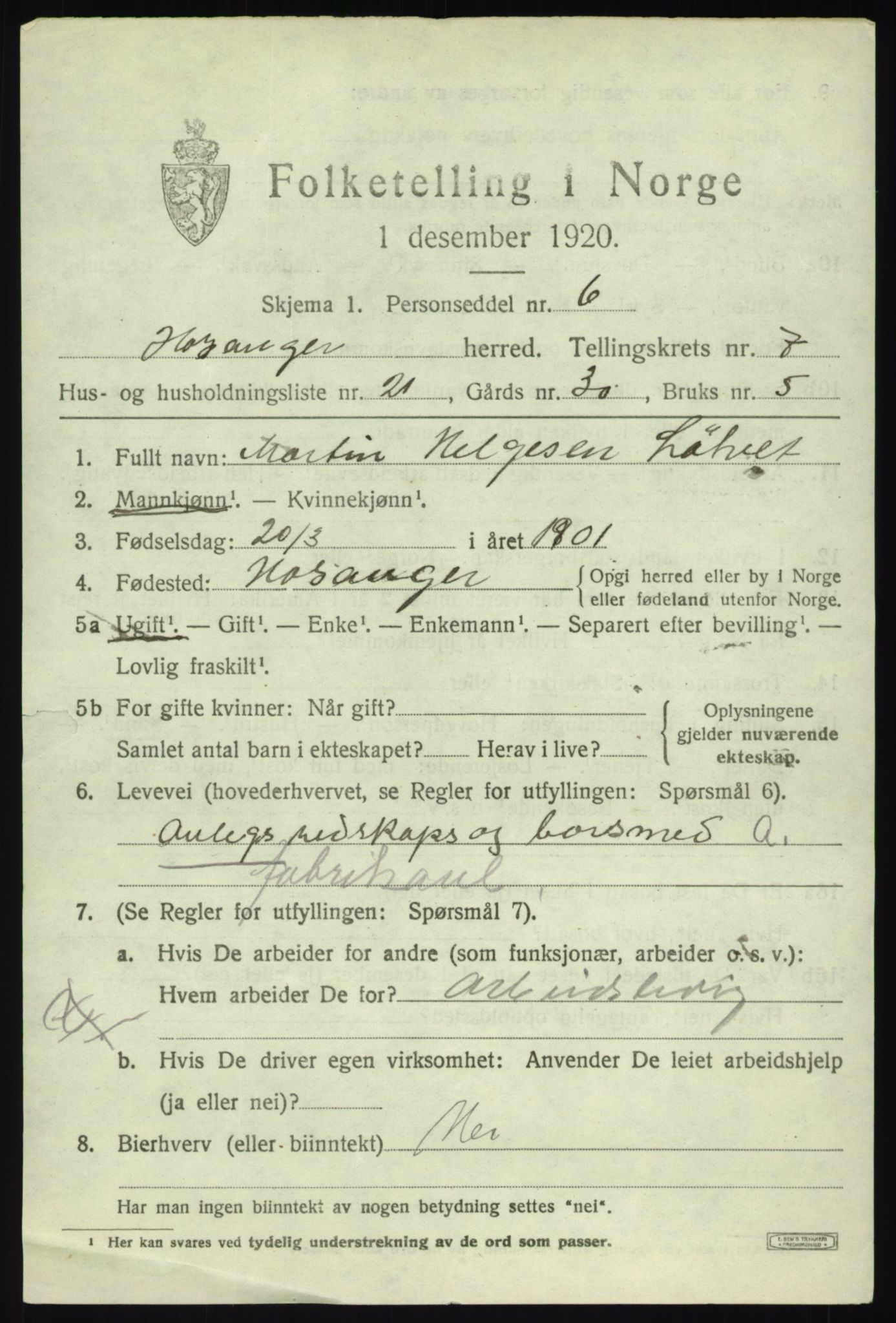 SAB, 1920 census for Hosanger, 1920, p. 3343