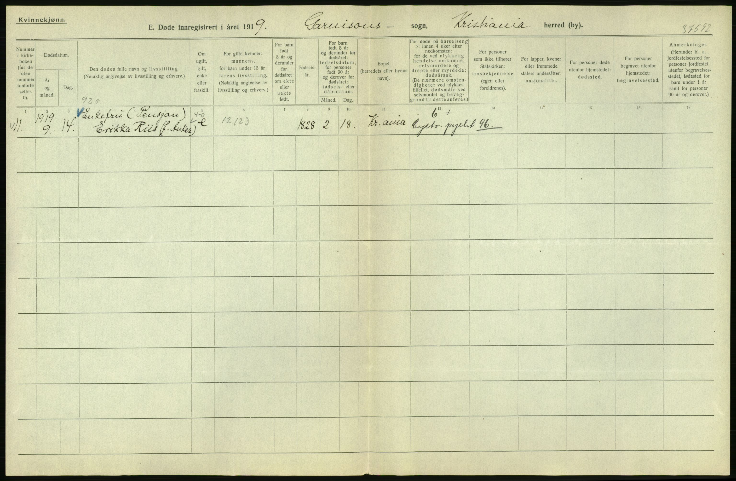 Statistisk sentralbyrå, Sosiodemografiske emner, Befolkning, AV/RA-S-2228/D/Df/Dfb/Dfbi/L0010: Kristiania: Døde, 1919, p. 764