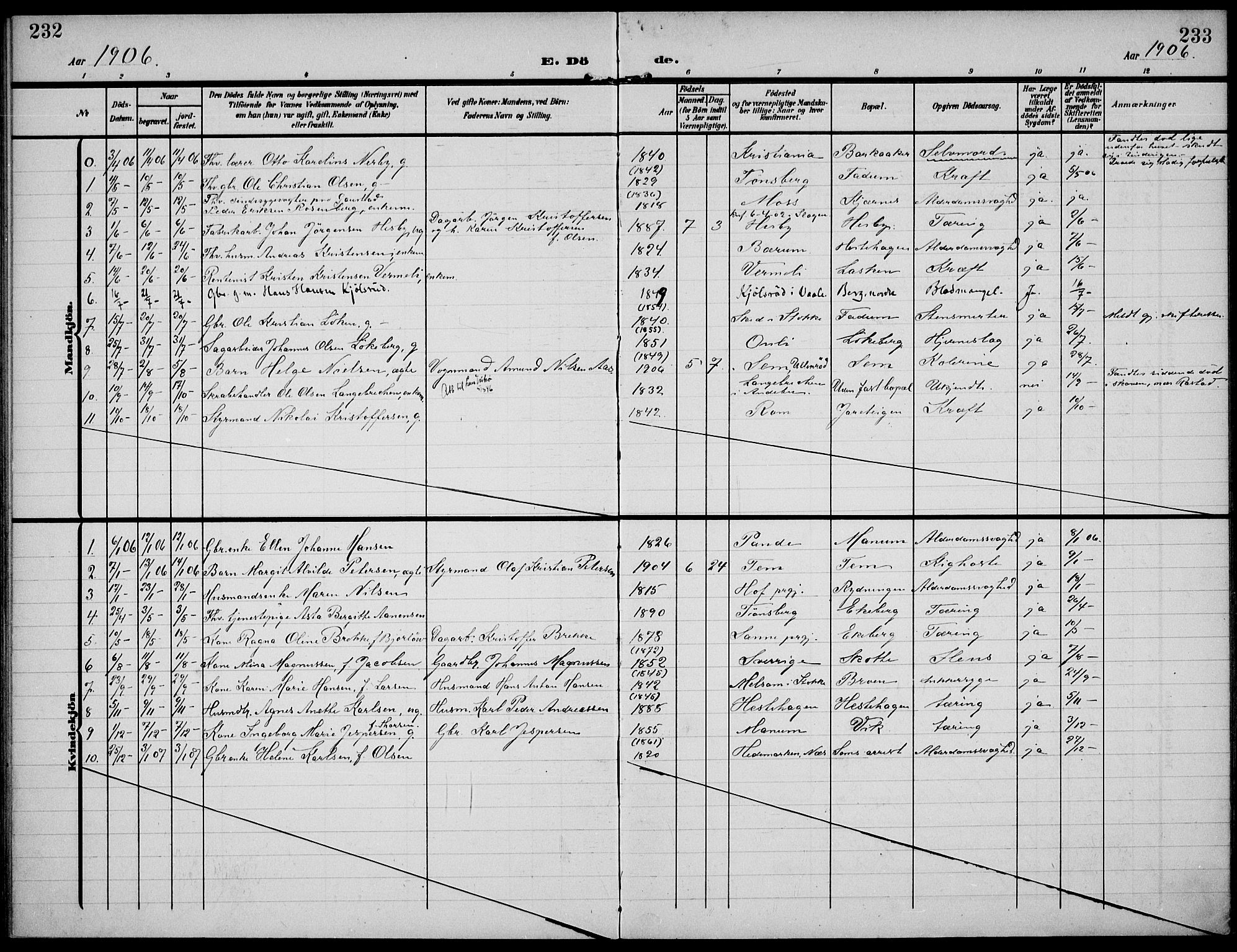 Sem kirkebøker, AV/SAKO-A-5/F/Fa/L0012: Parish register (official) no. I 12, 1905-1915, p. 232-233