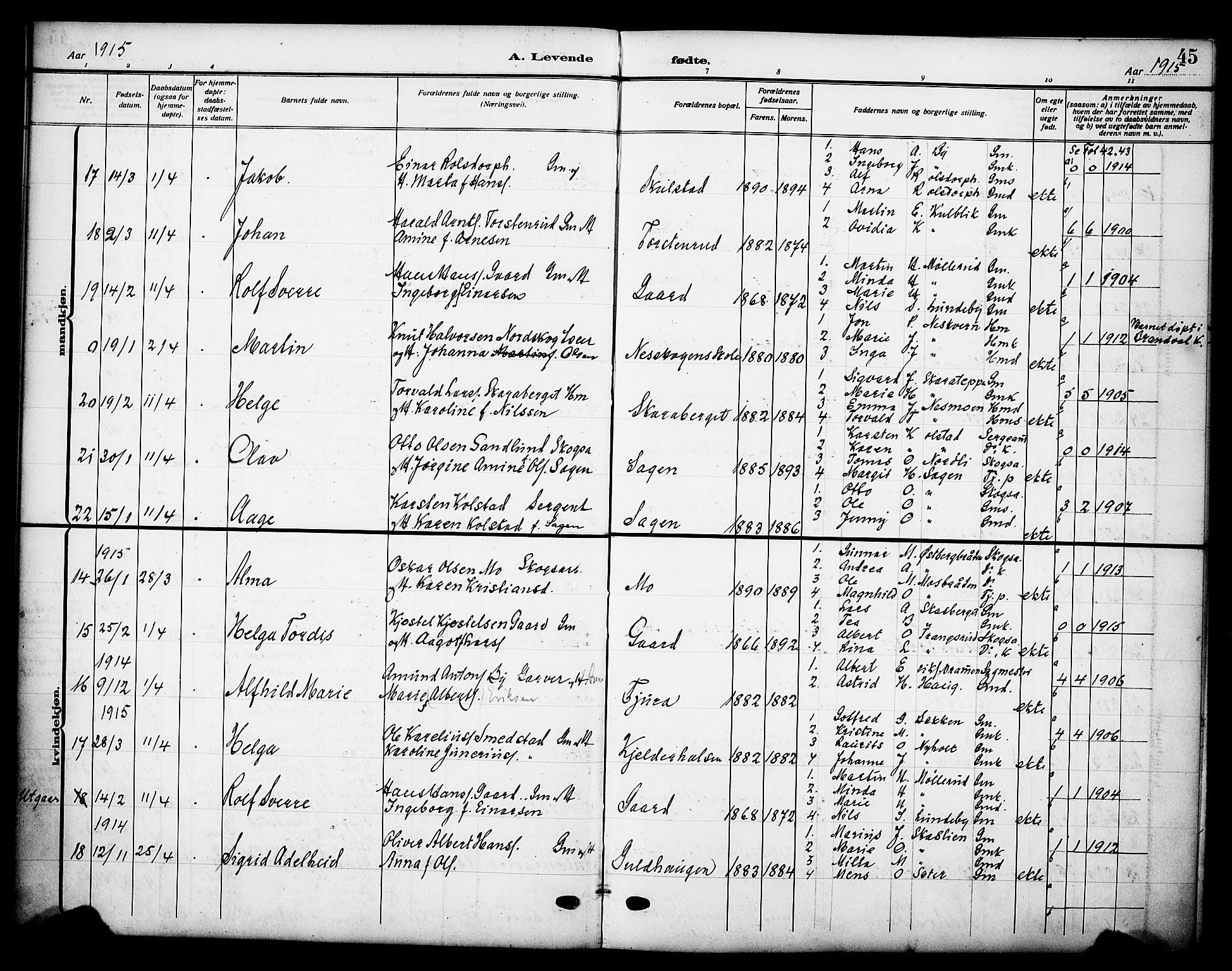 Grue prestekontor, AV/SAH-PREST-036/H/Ha/Haa/L0015: Parish register (official) no. 15, 1911-1922, p. 45