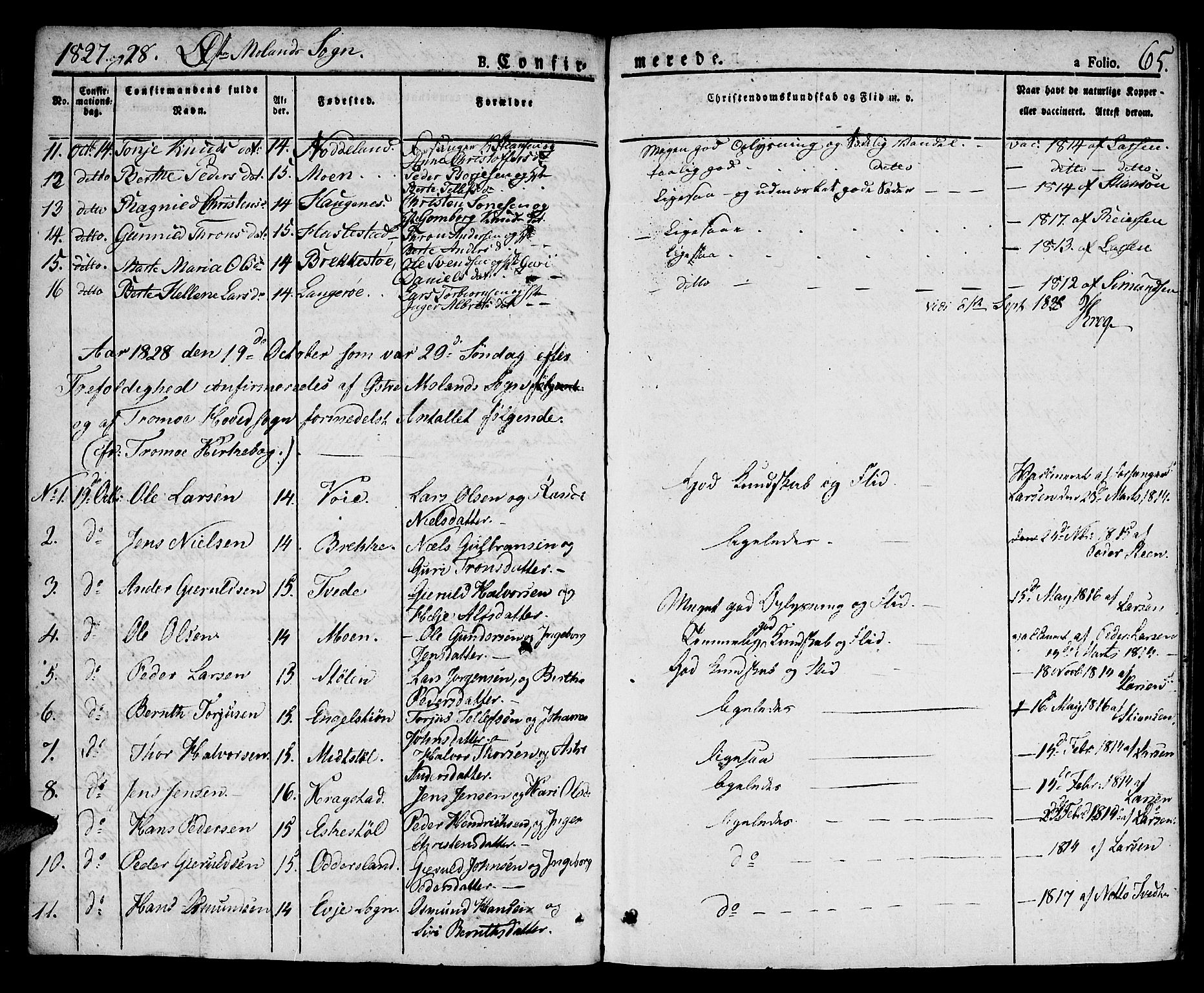 Austre Moland sokneprestkontor, SAK/1111-0001/F/Fa/Faa/L0005: Parish register (official) no. A 5, 1825-1837, p. 65