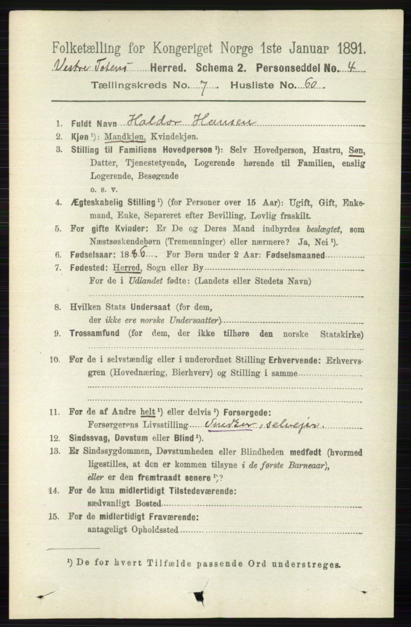RA, 1891 census for 0529 Vestre Toten, 1891, p. 4698