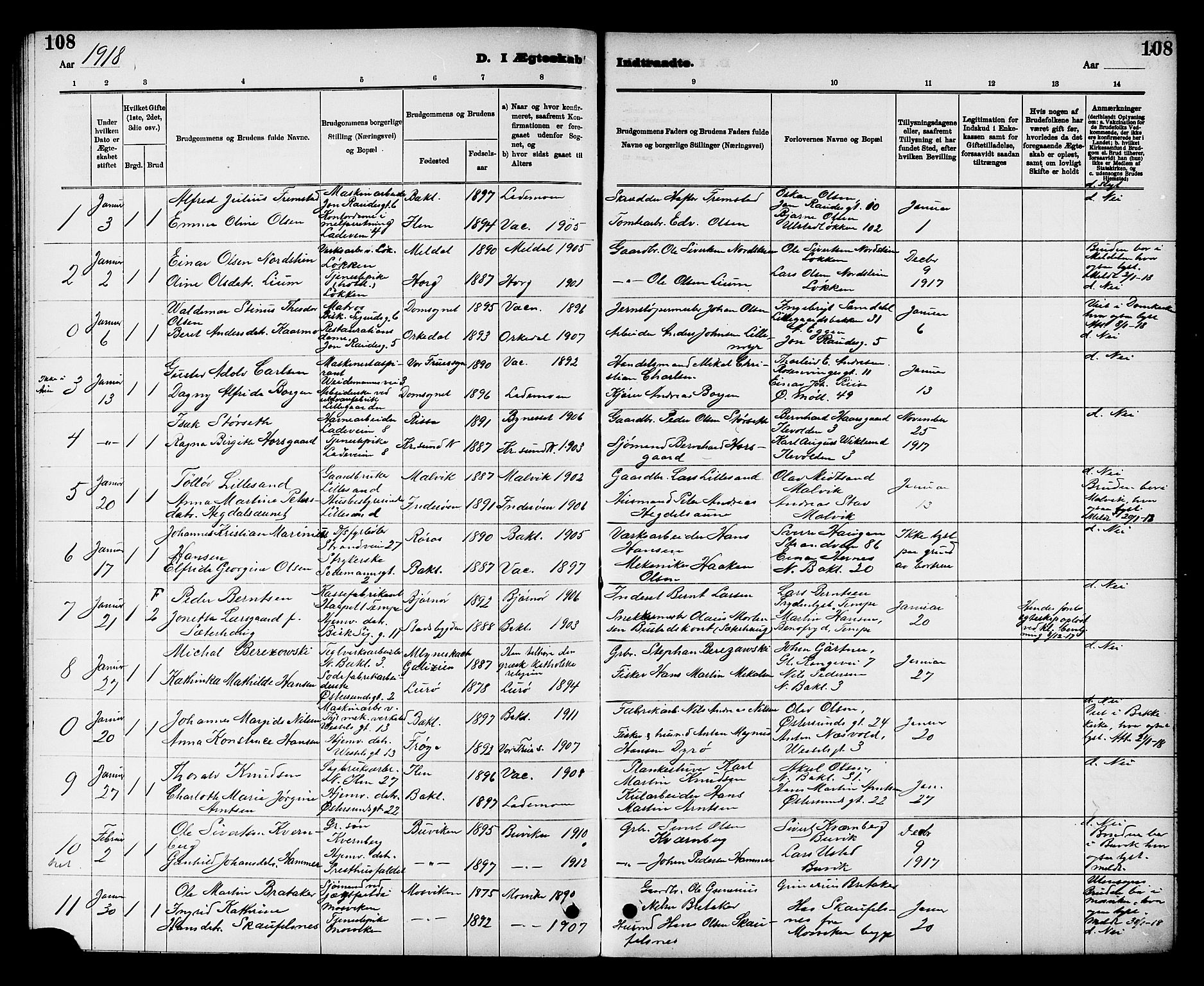 Ministerialprotokoller, klokkerbøker og fødselsregistre - Sør-Trøndelag, SAT/A-1456/605/L0255: Parish register (copy) no. 605C02, 1908-1918, p. 108