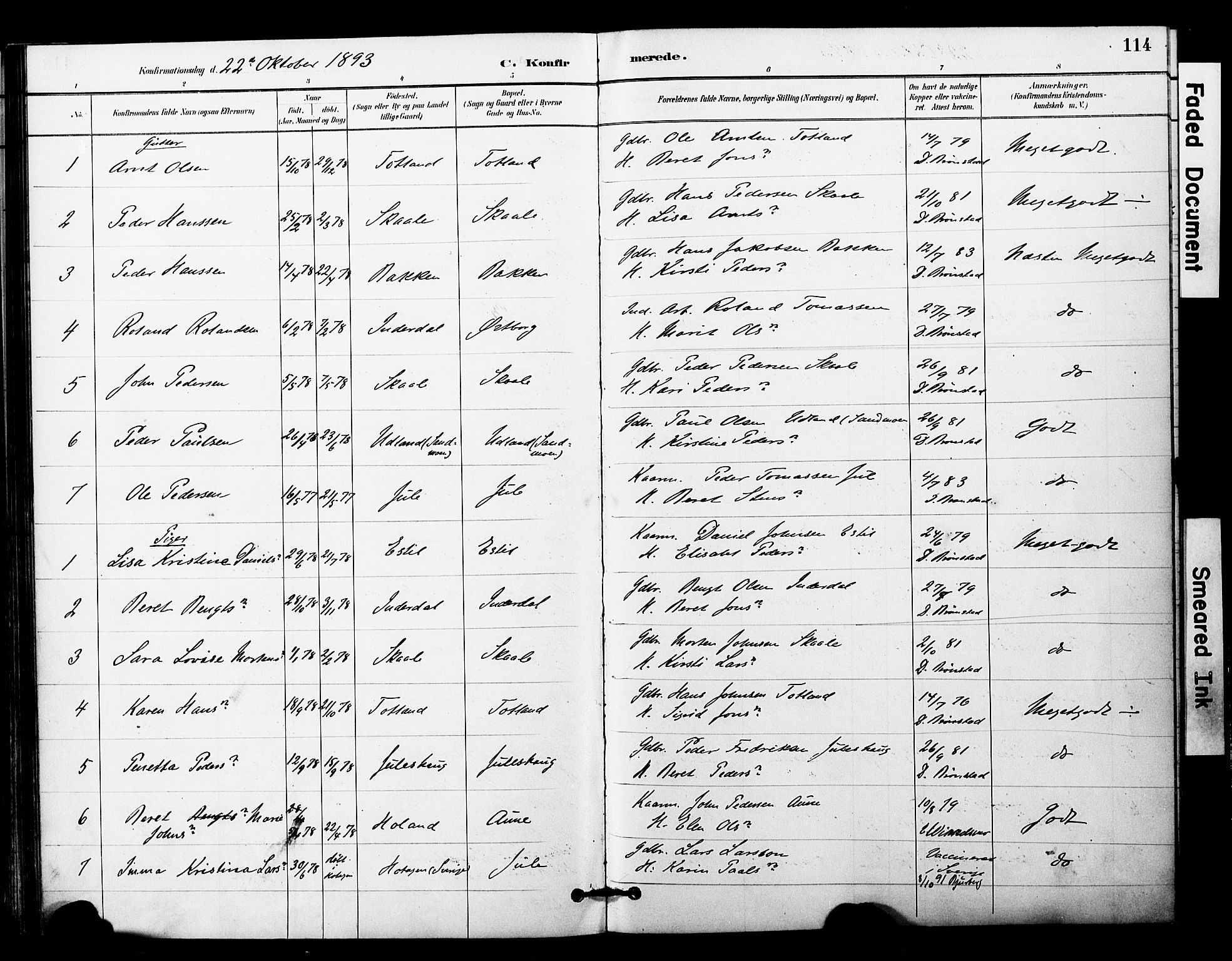 Ministerialprotokoller, klokkerbøker og fødselsregistre - Nord-Trøndelag, AV/SAT-A-1458/757/L0505: Parish register (official) no. 757A01, 1882-1904, p. 114