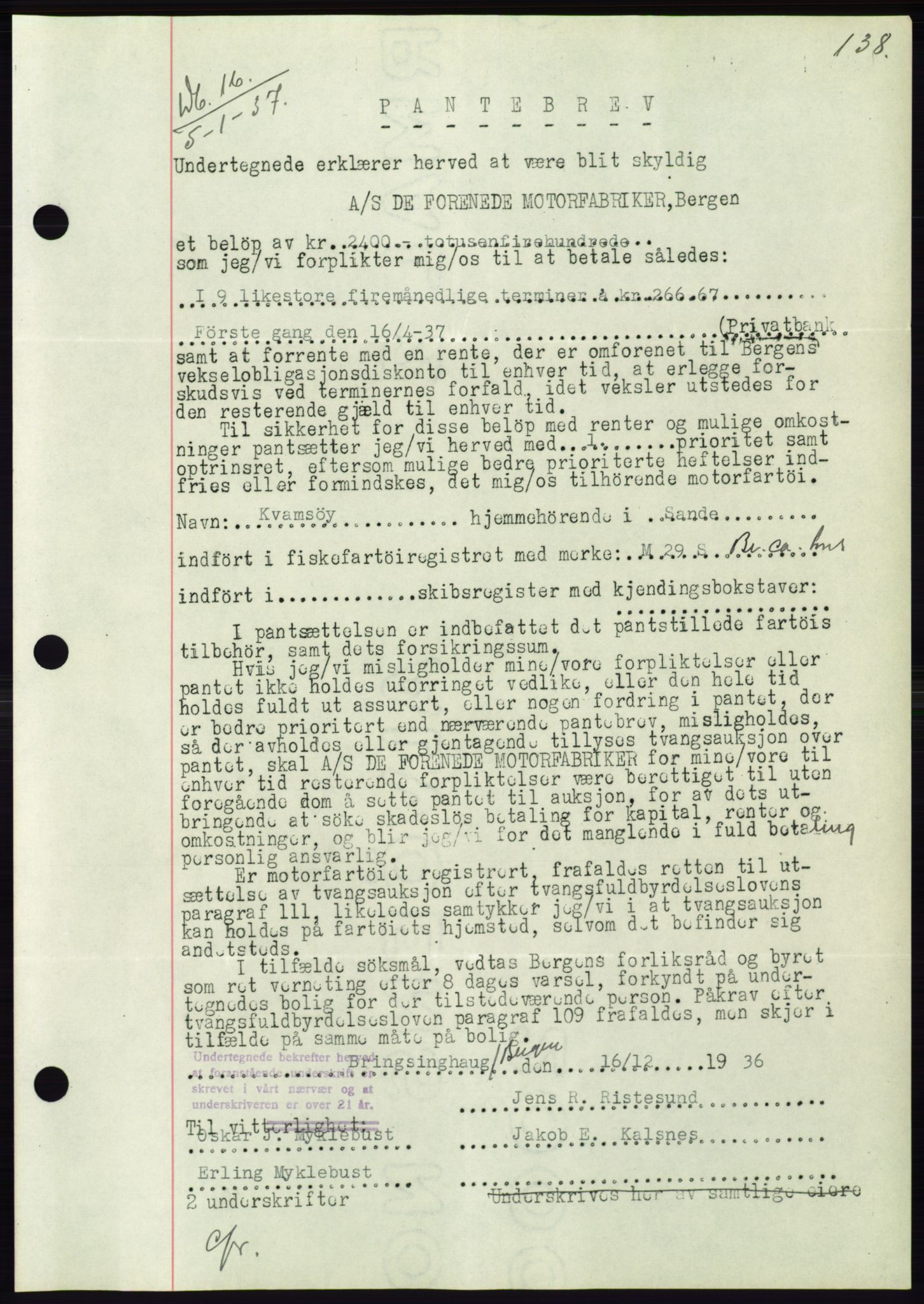 Søre Sunnmøre sorenskriveri, AV/SAT-A-4122/1/2/2C/L0062: Mortgage book no. 56, 1936-1937, Diary no: : 16/1937