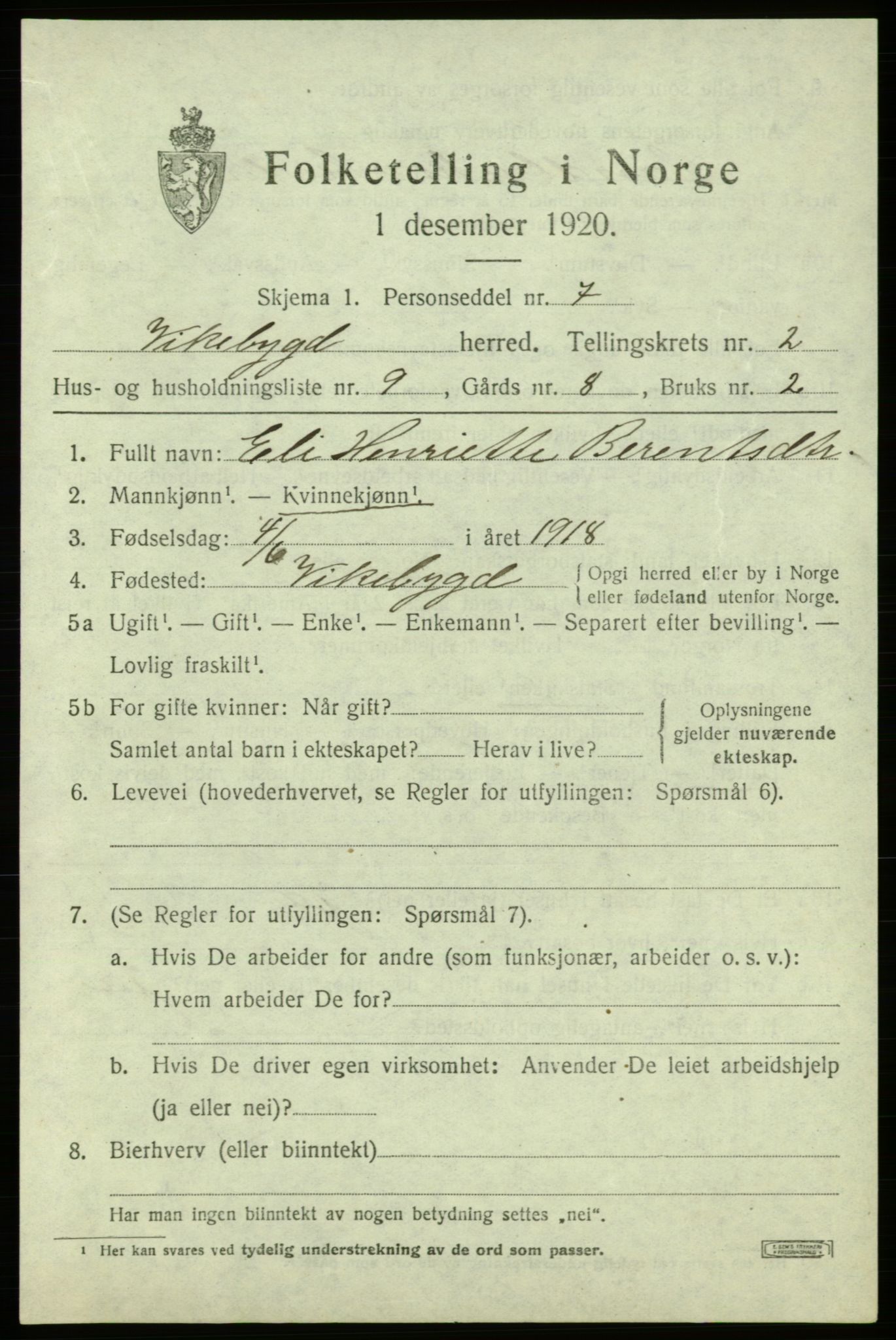 SAB, 1920 census for Vikebygd, 1920, p. 941