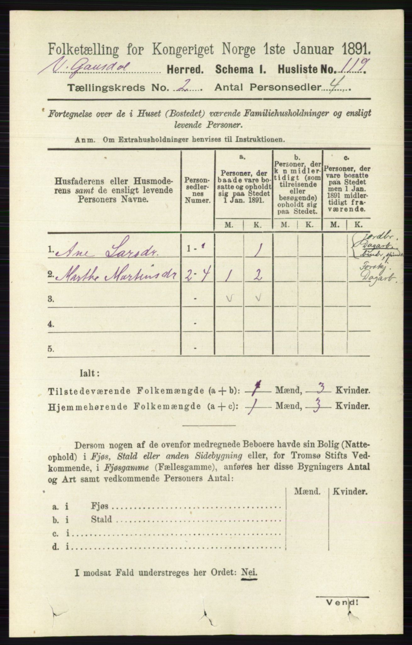 RA, 1891 census for 0523 Vestre Gausdal, 1891, p. 503