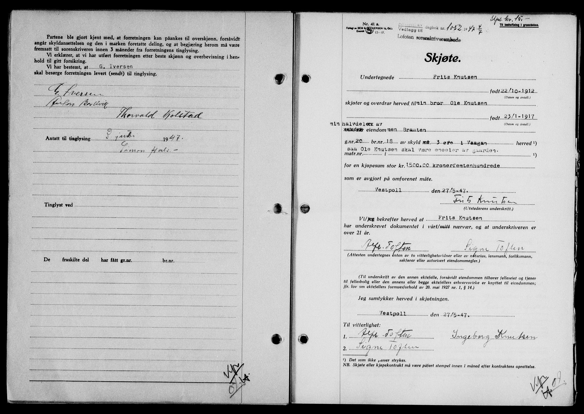 Lofoten sorenskriveri, SAT/A-0017/1/2/2C/L0016a: Mortgage book no. 16a, 1947-1947, Diary no: : 1052/1947
