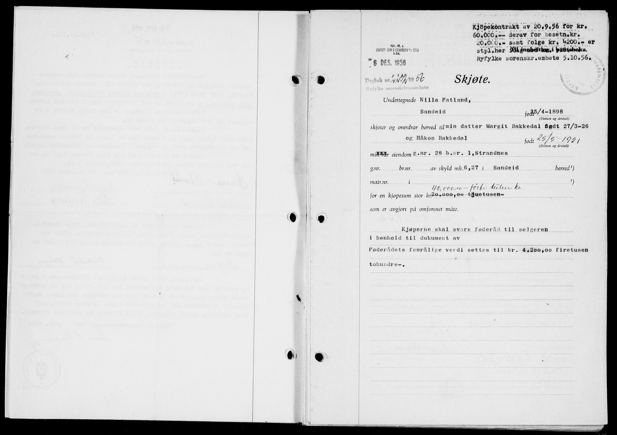 Ryfylke tingrett, SAST/A-100055/001/II/IIB/L0135: Mortgage book no. 114, 1956-1957, Diary no: : 2232/1956