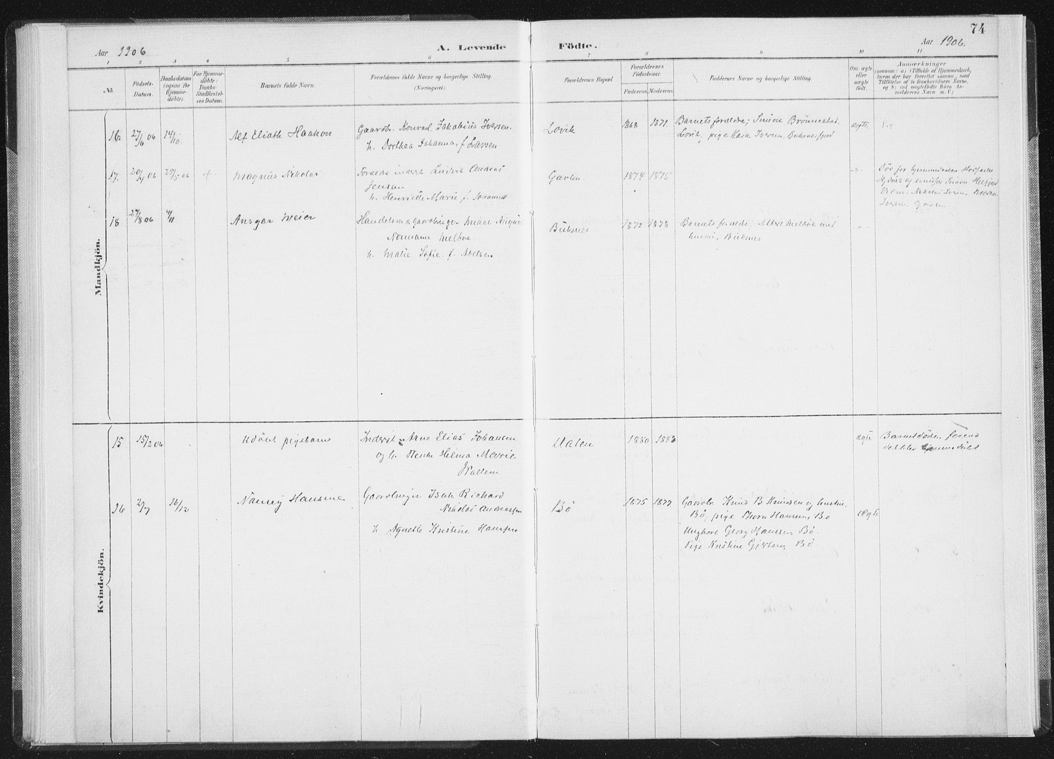 Ministerialprotokoller, klokkerbøker og fødselsregistre - Nordland, AV/SAT-A-1459/898/L1422: Parish register (official) no. 898A02, 1887-1908, p. 74