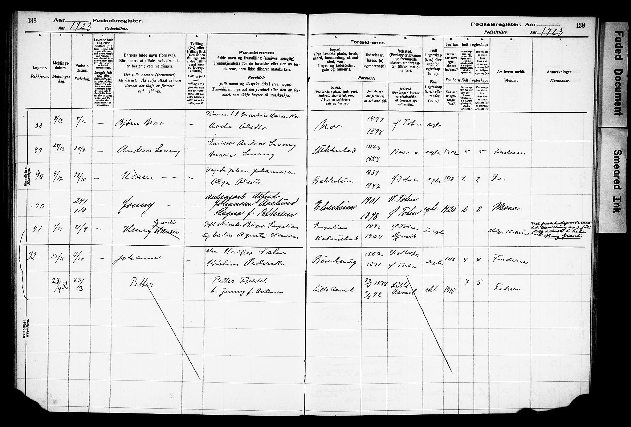 Østre Toten prestekontor, AV/SAH-PREST-104/I/Id/L0001/0001: Birth register no. 1.1, 1916-1928, p. 138