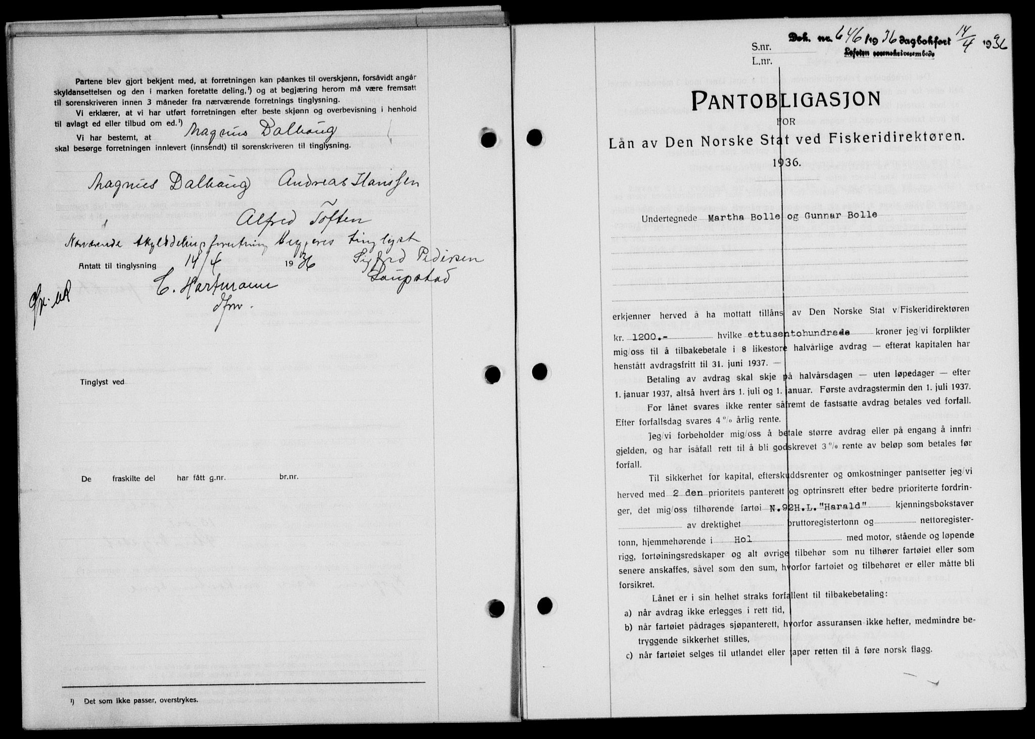 Lofoten sorenskriveri, SAT/A-0017/1/2/2C/L0033b: Mortgage book no. 33b, 1936-1936, Diary no: : 646/1936