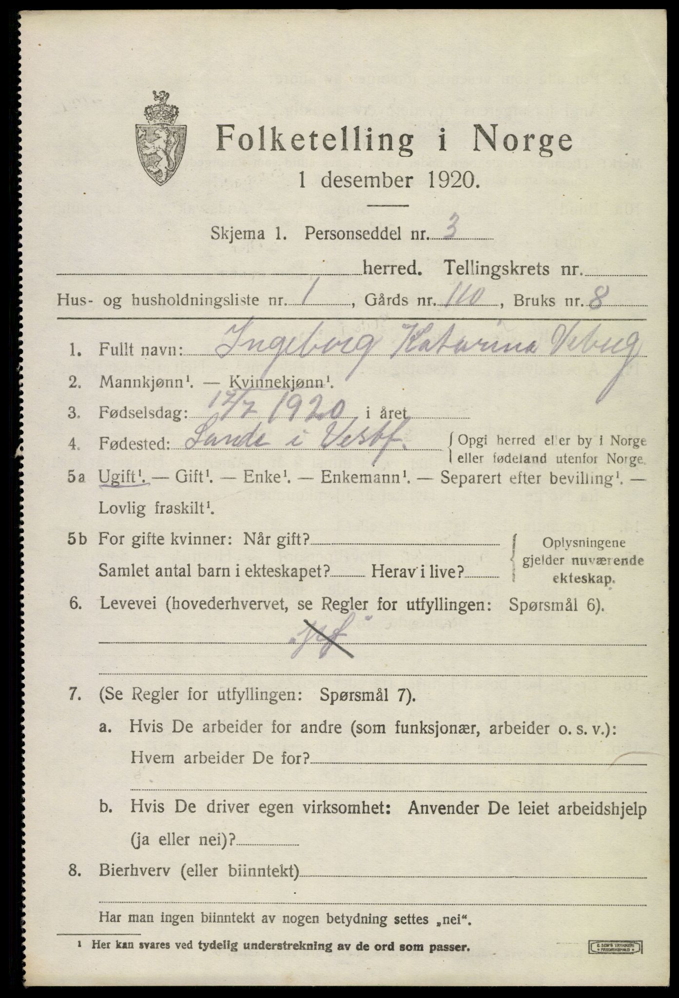 SAKO, 1920 census for Sande, 1920, p. 7262