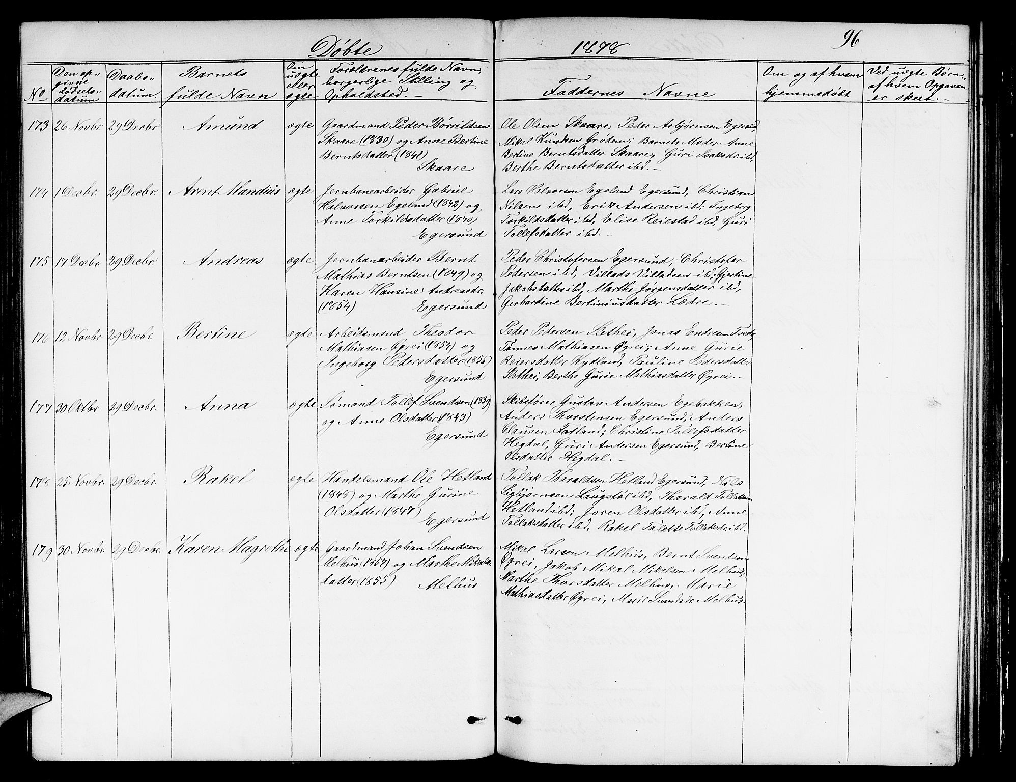 Eigersund sokneprestkontor, AV/SAST-A-101807/S09/L0005: Parish register (copy) no. B 5, 1872-1881, p. 96