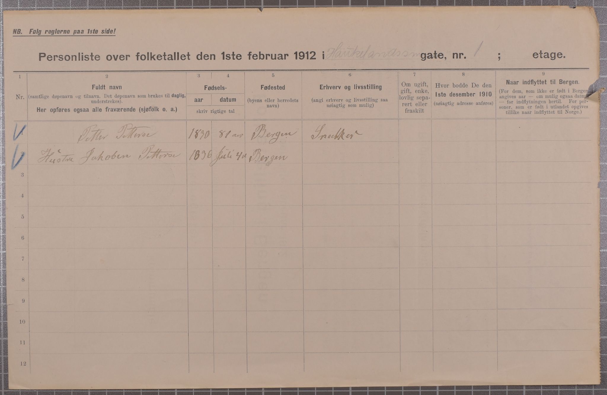 SAB, Municipal Census 1912 for Bergen, 1912, p. 1728