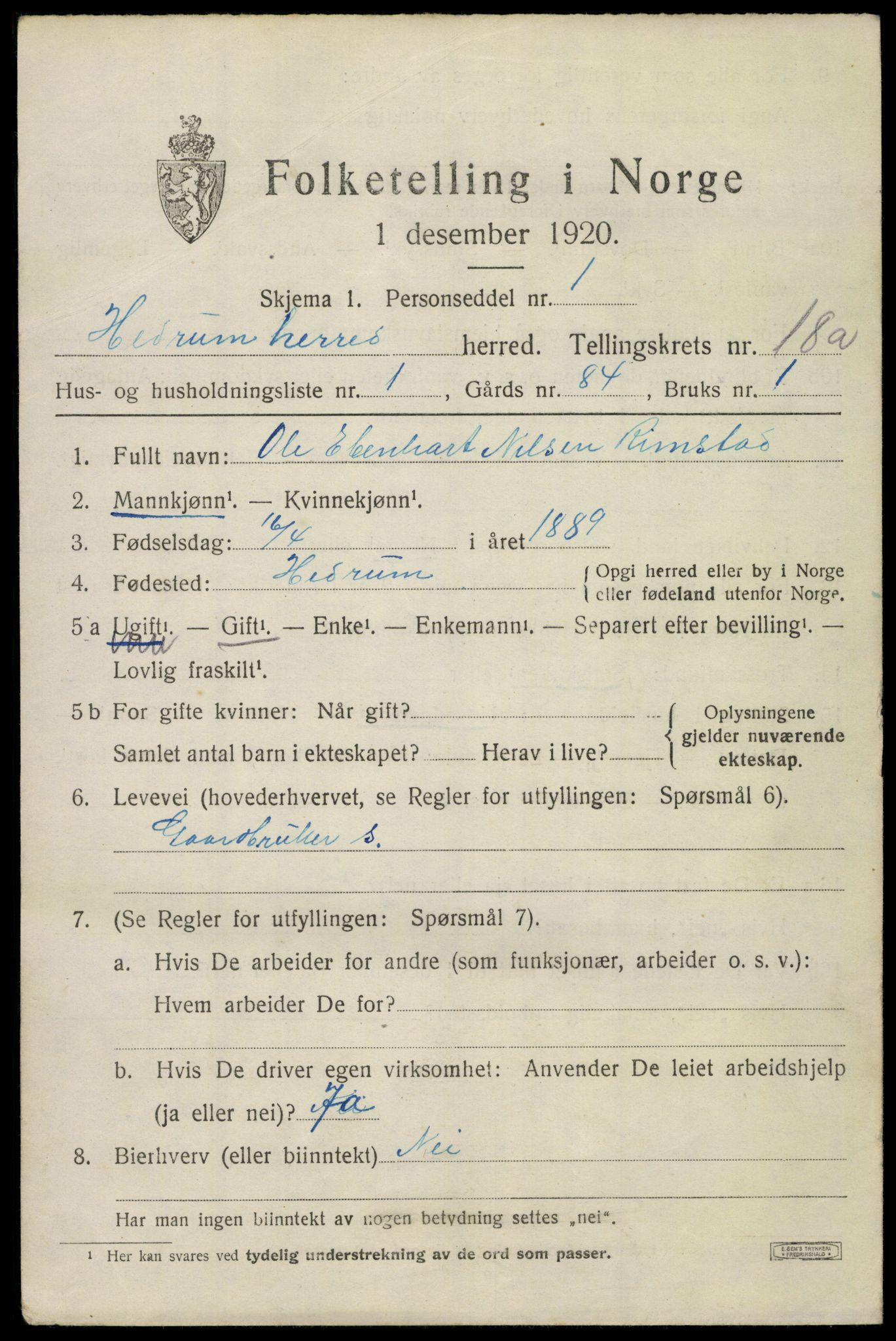 SAKO, 1920 census for Hedrum, 1920, p. 10797