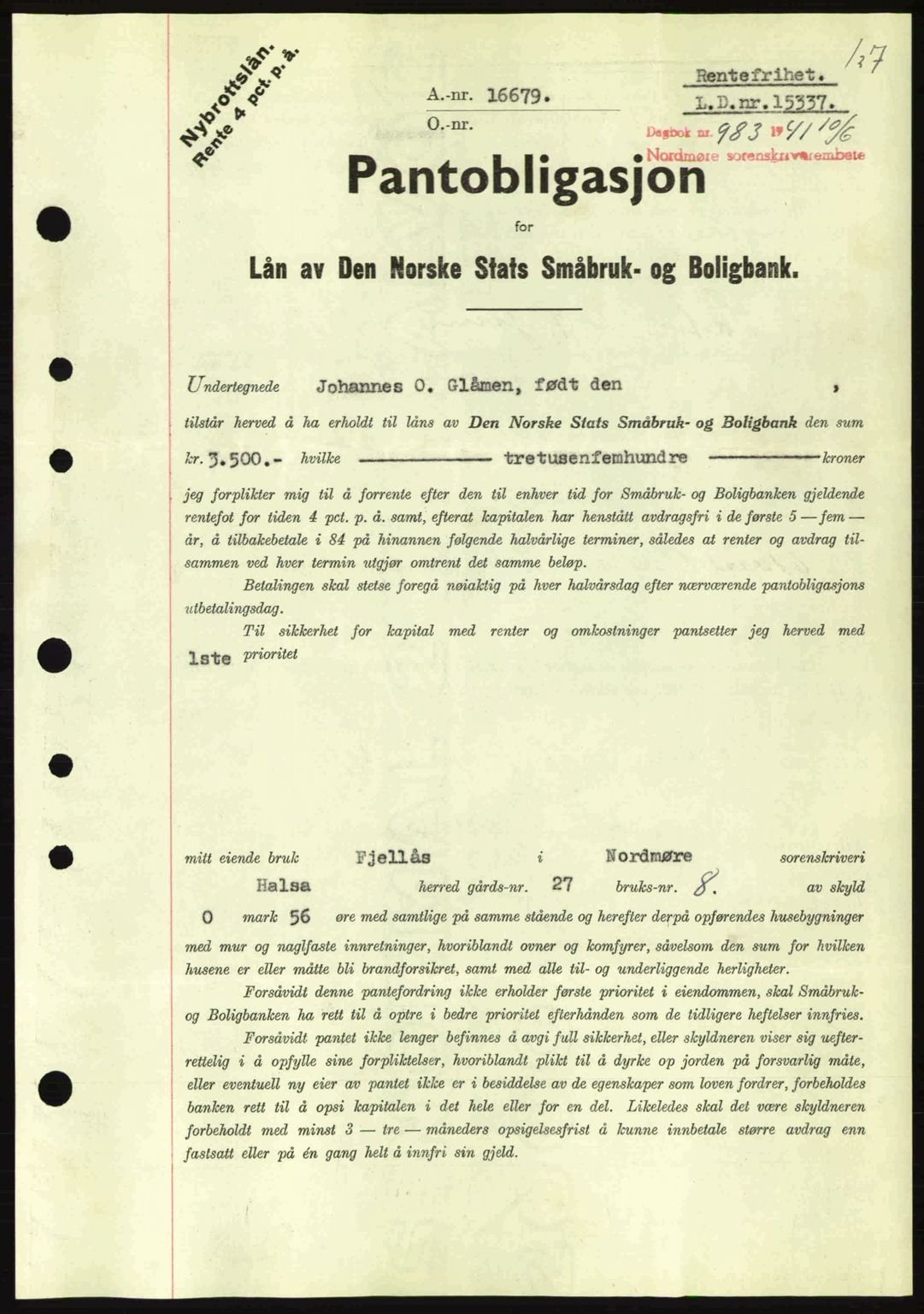 Nordmøre sorenskriveri, AV/SAT-A-4132/1/2/2Ca: Mortgage book no. B88, 1941-1942, Diary no: : 983/1941