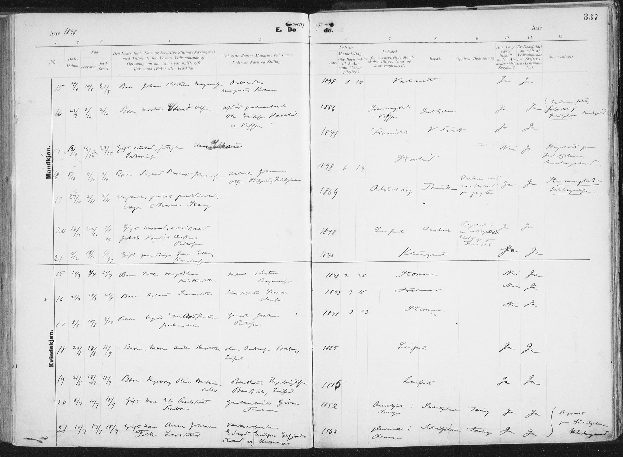 Ministerialprotokoller, klokkerbøker og fødselsregistre - Nordland, SAT/A-1459/849/L0696: Parish register (official) no. 849A08, 1898-1910, p. 337