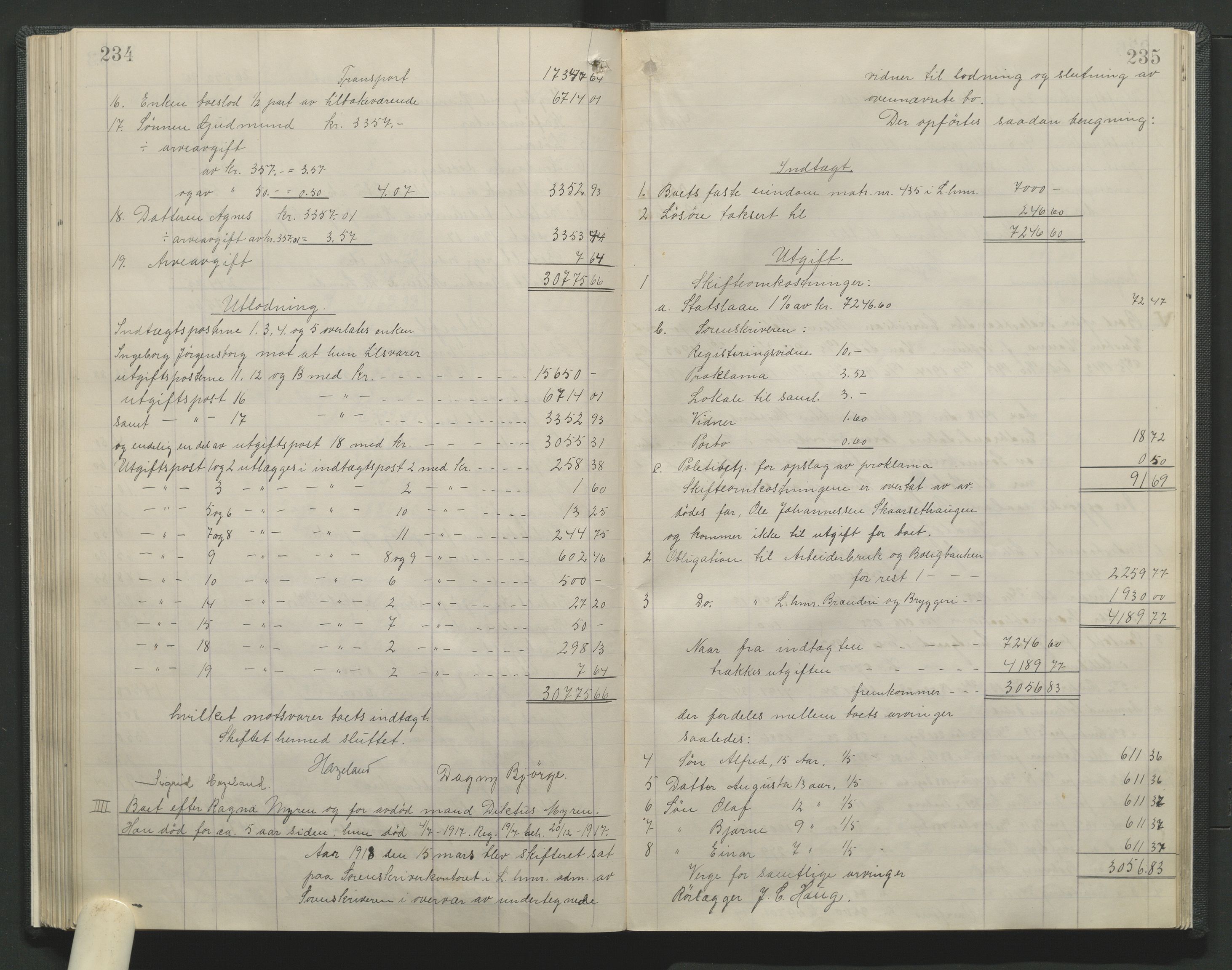 Sør-Gudbrandsdal tingrett, SAH/TING-004/J/Ja/Jag/L0001: Skifteutlodningsprotokoll - Lillehammer by, 1903-1923, p. 234-235