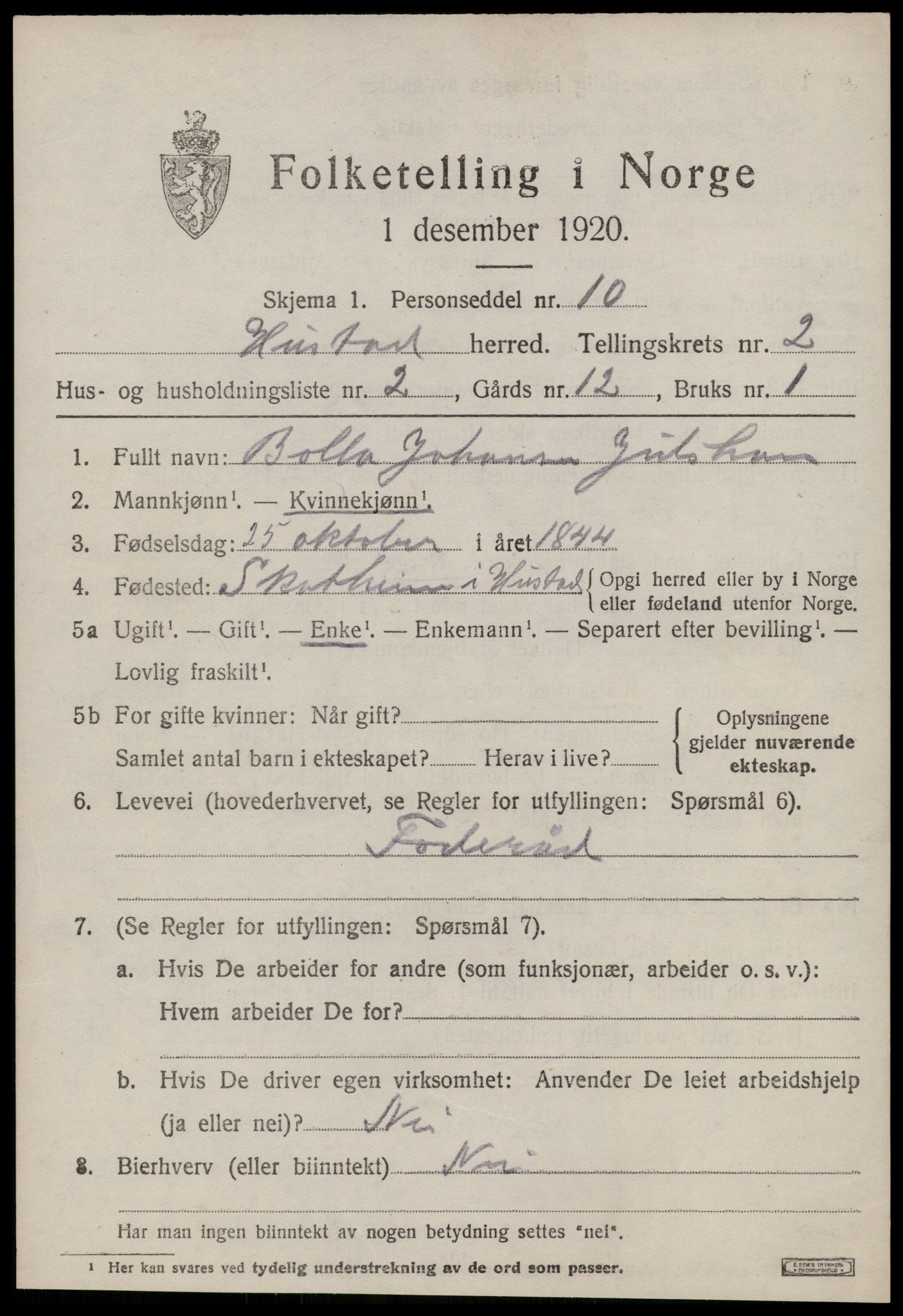 SAT, 1920 census for Hustad, 1920, p. 1553