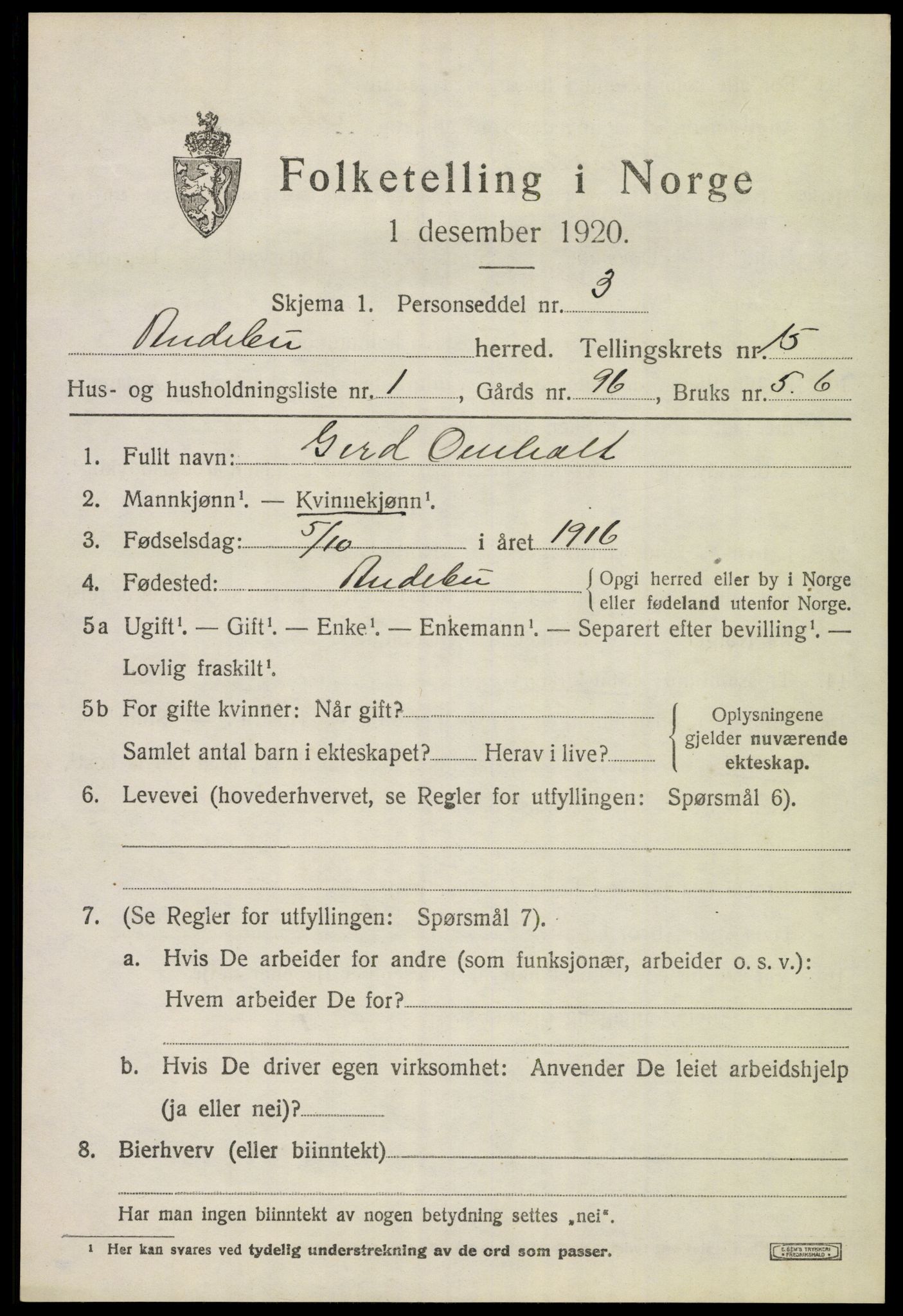 SAKO, 1920 census for Andebu, 1920, p. 5342