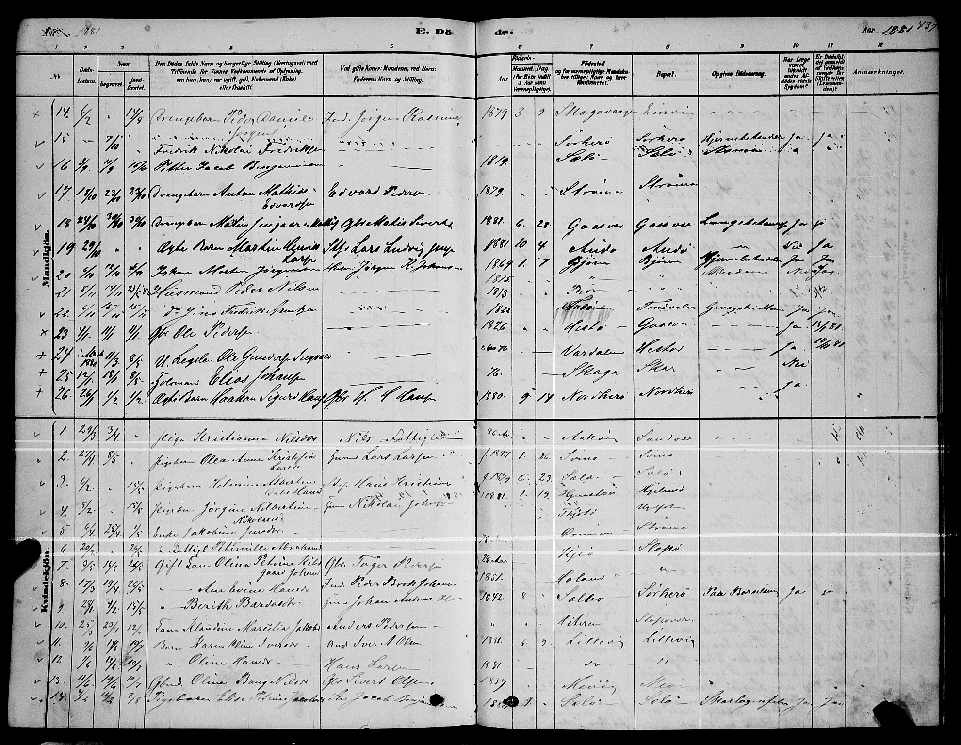 Ministerialprotokoller, klokkerbøker og fødselsregistre - Nordland, AV/SAT-A-1459/834/L0513: Parish register (copy) no. 834C04, 1877-1892, p. 437