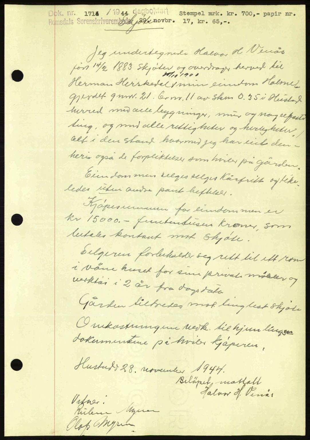 Romsdal sorenskriveri, AV/SAT-A-4149/1/2/2C: Mortgage book no. A17, 1944-1945, Diary no: : 1714/1944