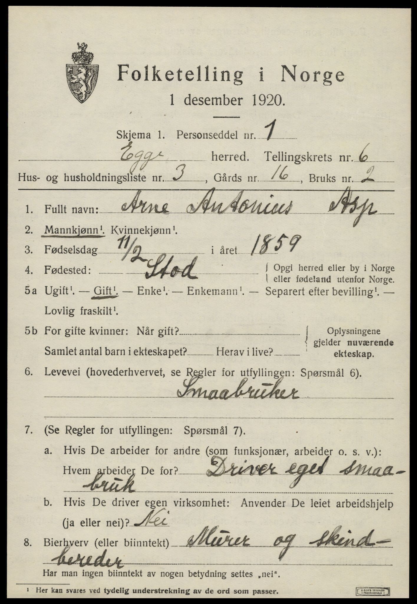 SAT, 1920 census for Egge, 1920, p. 3856