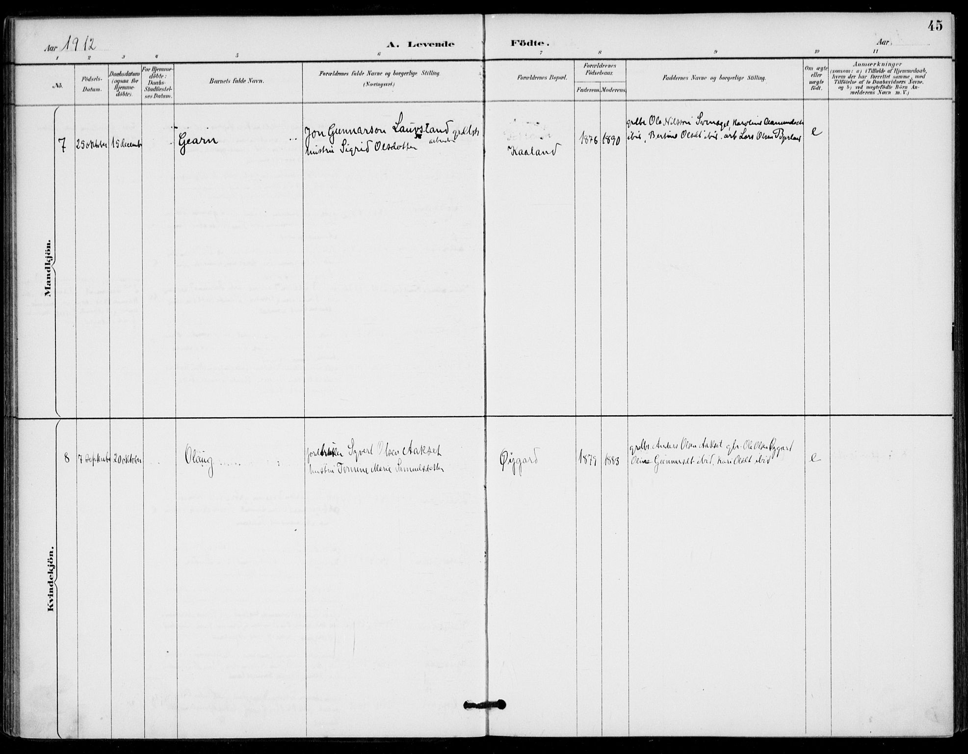 Holum sokneprestkontor, AV/SAK-1111-0022/F/Fa/Fab/L0007: Parish register (official) no. A 7, 1887-1912, p. 45