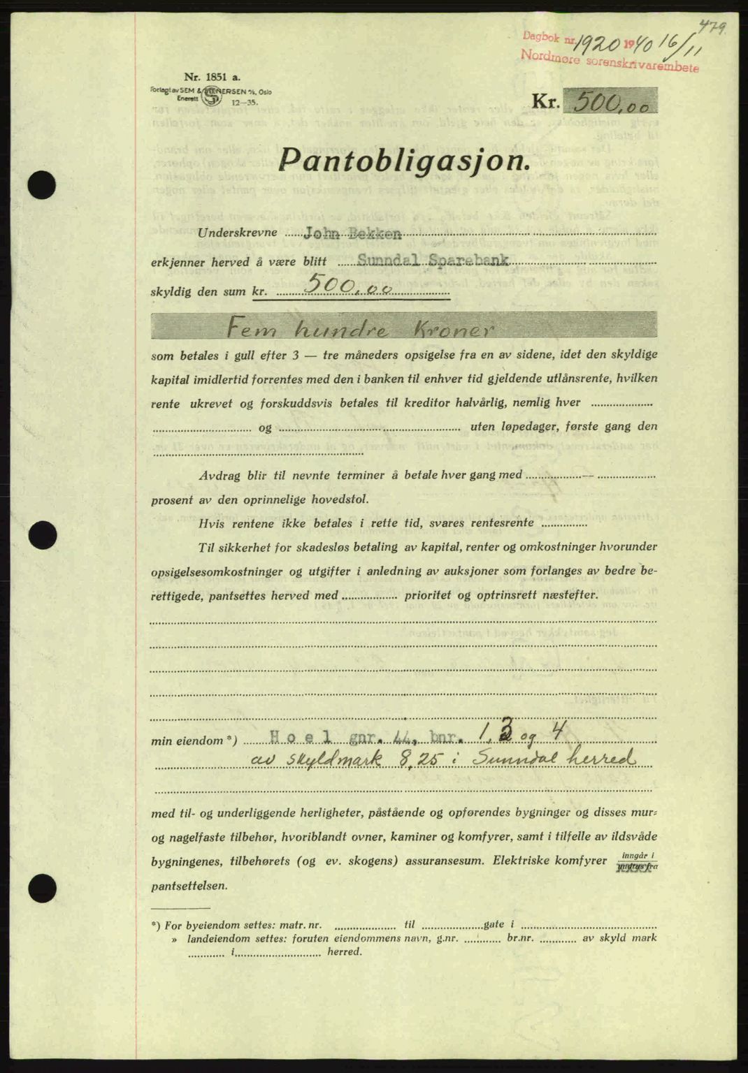 Nordmøre sorenskriveri, AV/SAT-A-4132/1/2/2Ca: Mortgage book no. B87, 1940-1941, Diary no: : 1920/1940